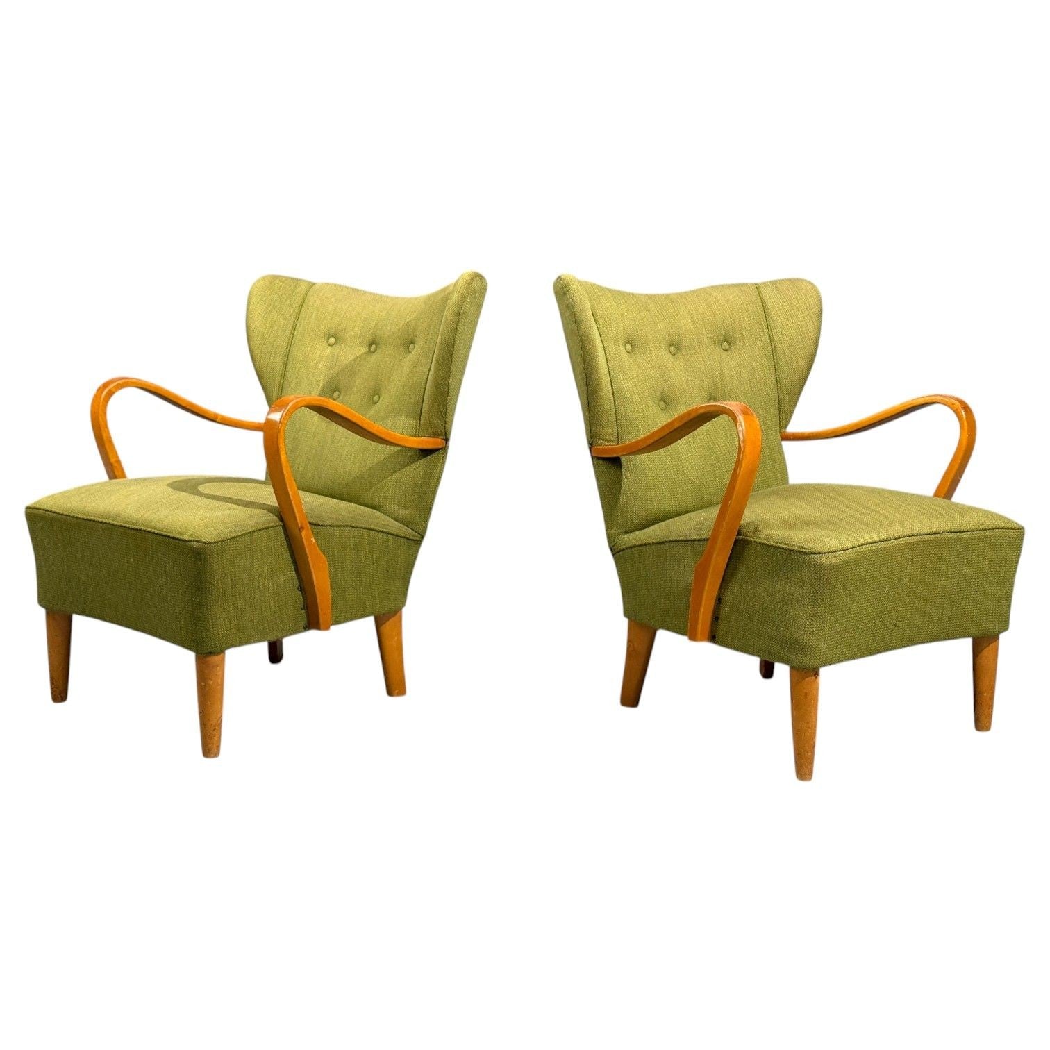 Swedish Modern, Lounge Chairs, Elm, Green Fabric, Sweden, 1930s