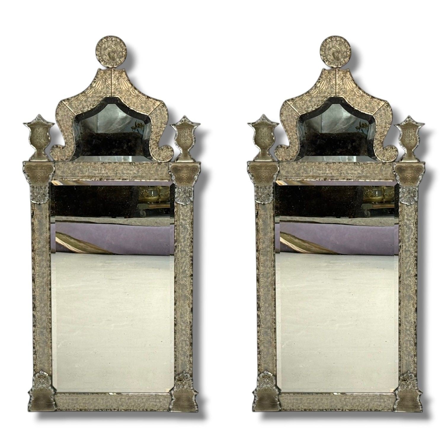 Hollywood Regency Style, Silver Leaf, Etched Glass, Venetian Wall Mirrors