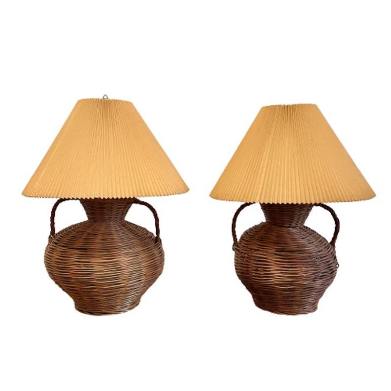 Large Mid-Century Modern Wicker Urn Table, Desk Lamps by Kovacs, Compatible Pair