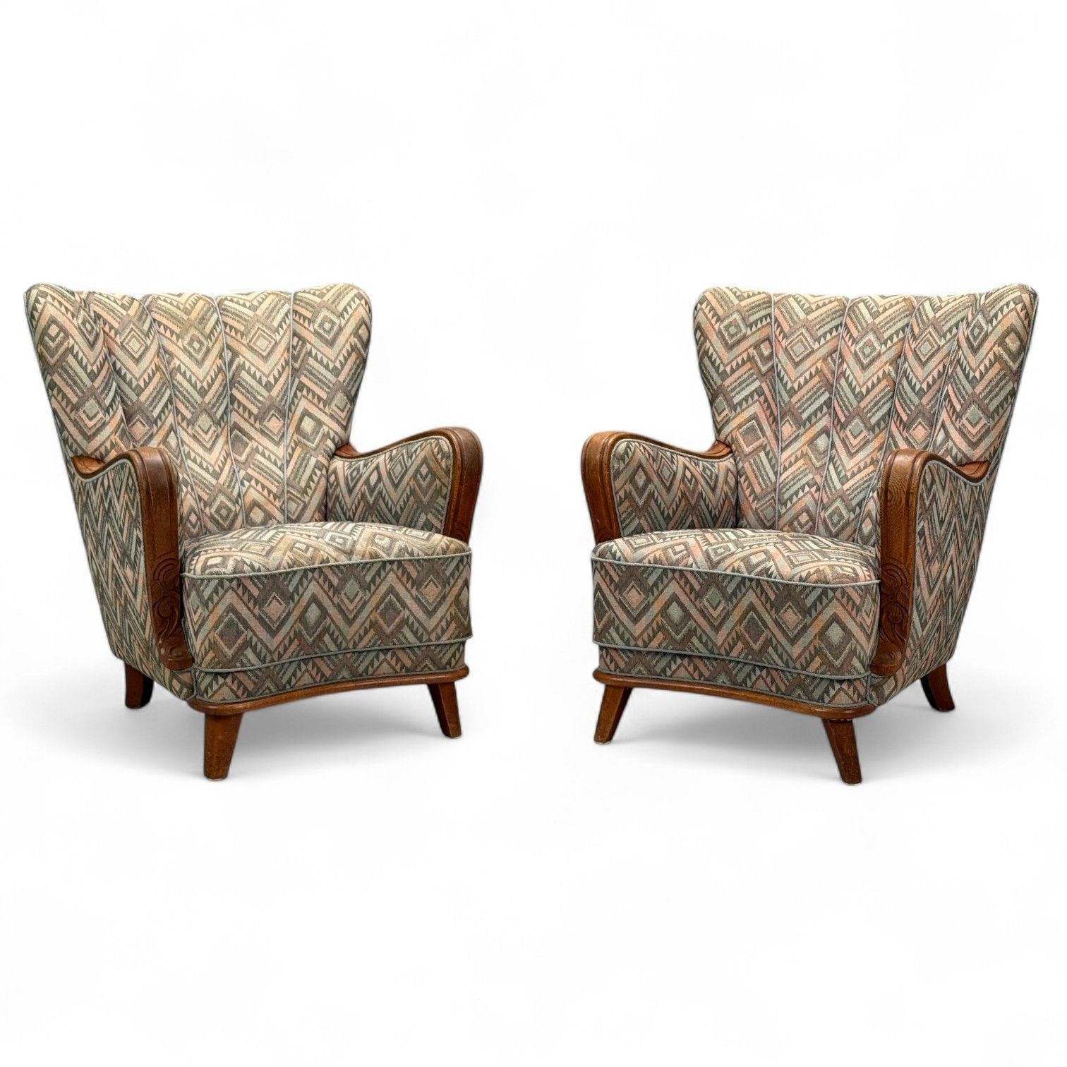 Swedish Art Deco, Stained Wood, Fabric, Organic Lounge Chairs, Sweden, 1970s