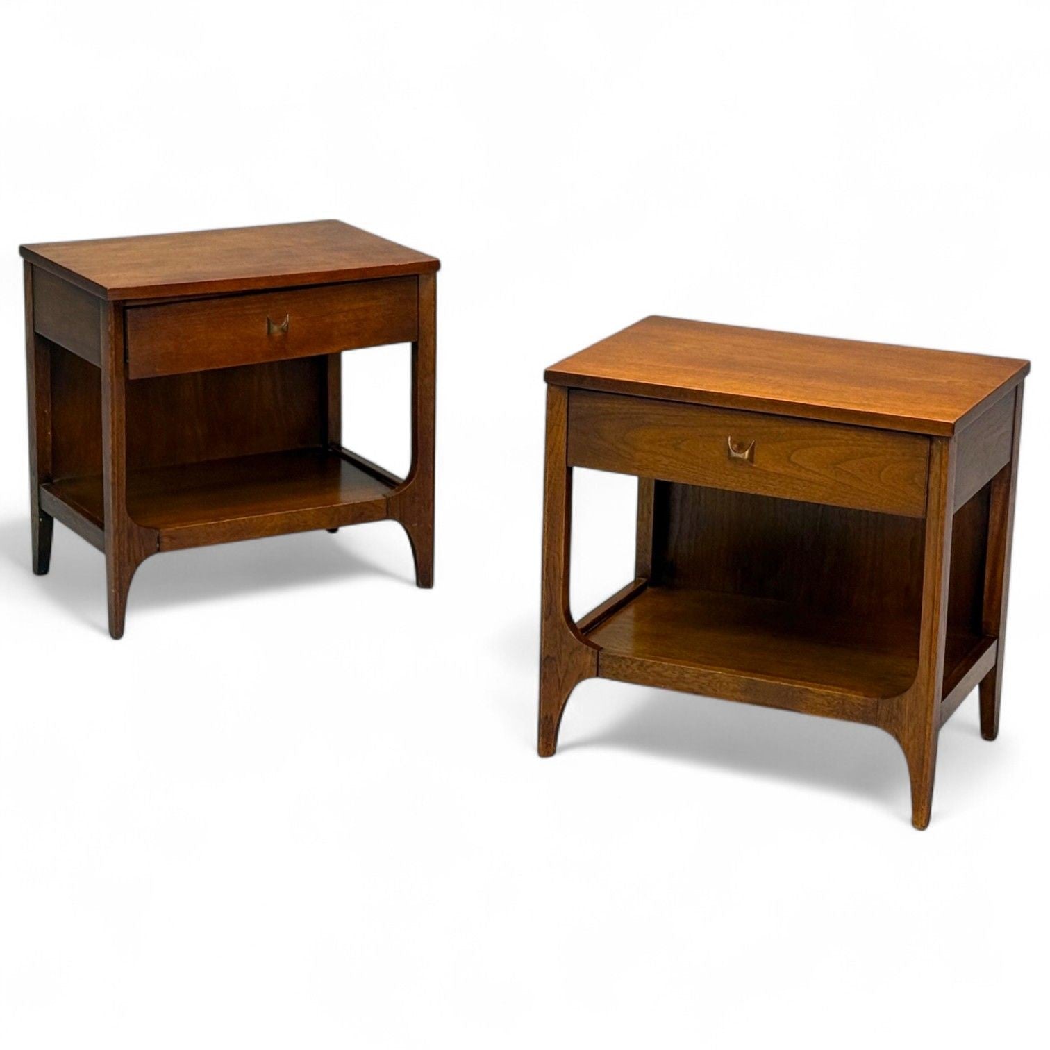 Broyhill Brasilia, Mid-Century Modern, Walnut, Brass, Nightstands, USA, 1960s