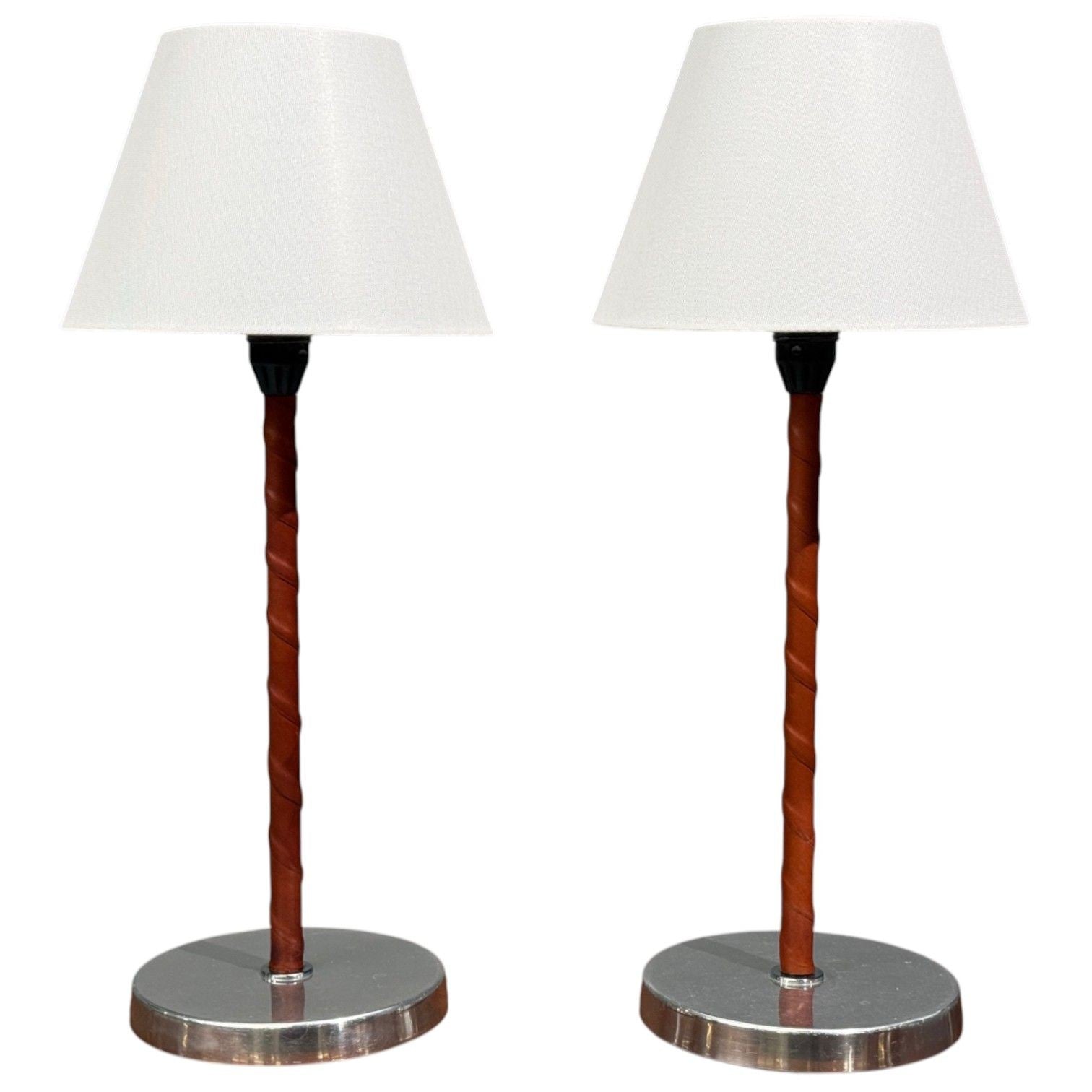 Bergboms, Table Lamps, Leather, Nickel Plated, Sweden, 1960s