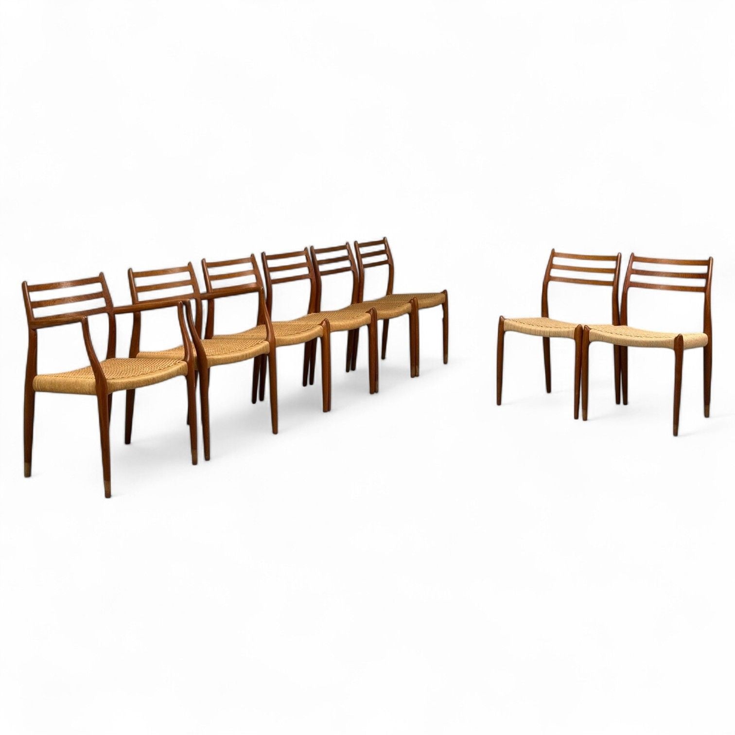 Neils O. Möller, Danish Papercord, Teak, Dining Chairs, Denmark, 1950s