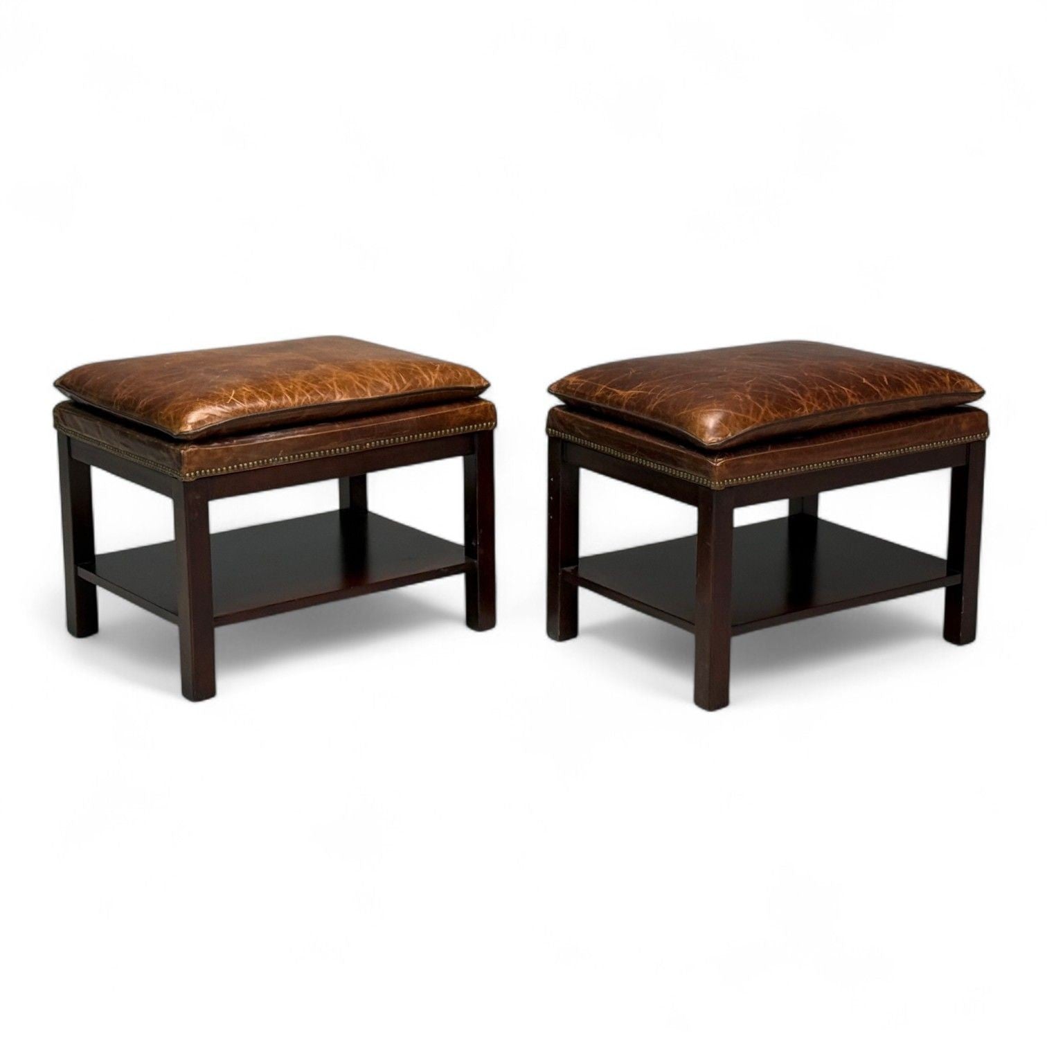 Georgian Style, Distressed Brown Leather, Mahogany, Ottomans, USA, 20th C.
