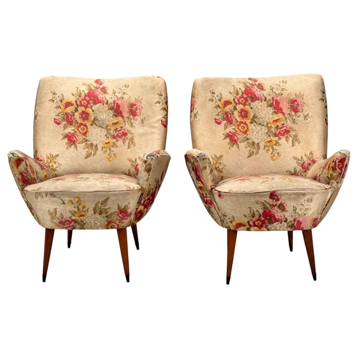 ISA Bergamo, Fabric, Wood, Brass, Organic Lounge Chairs, Italy, 1950s