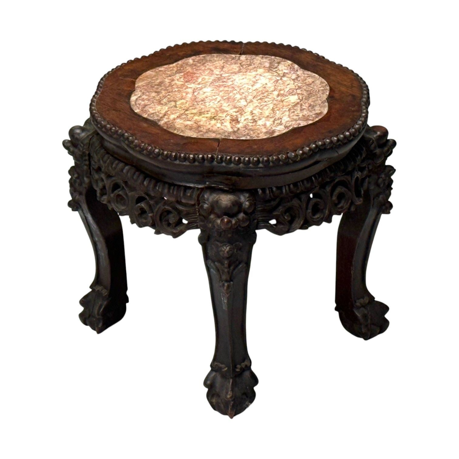 Chinese Export, Carved Hardwood Table, Marble, Low Pedestal, China, 1930s