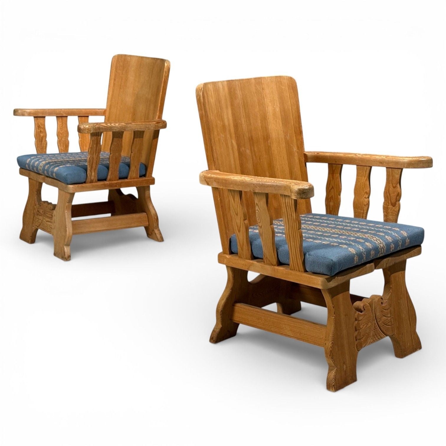 Krogenæs Møbler, Armchairs, Pine, Blue Fabric, Norway, 1970s