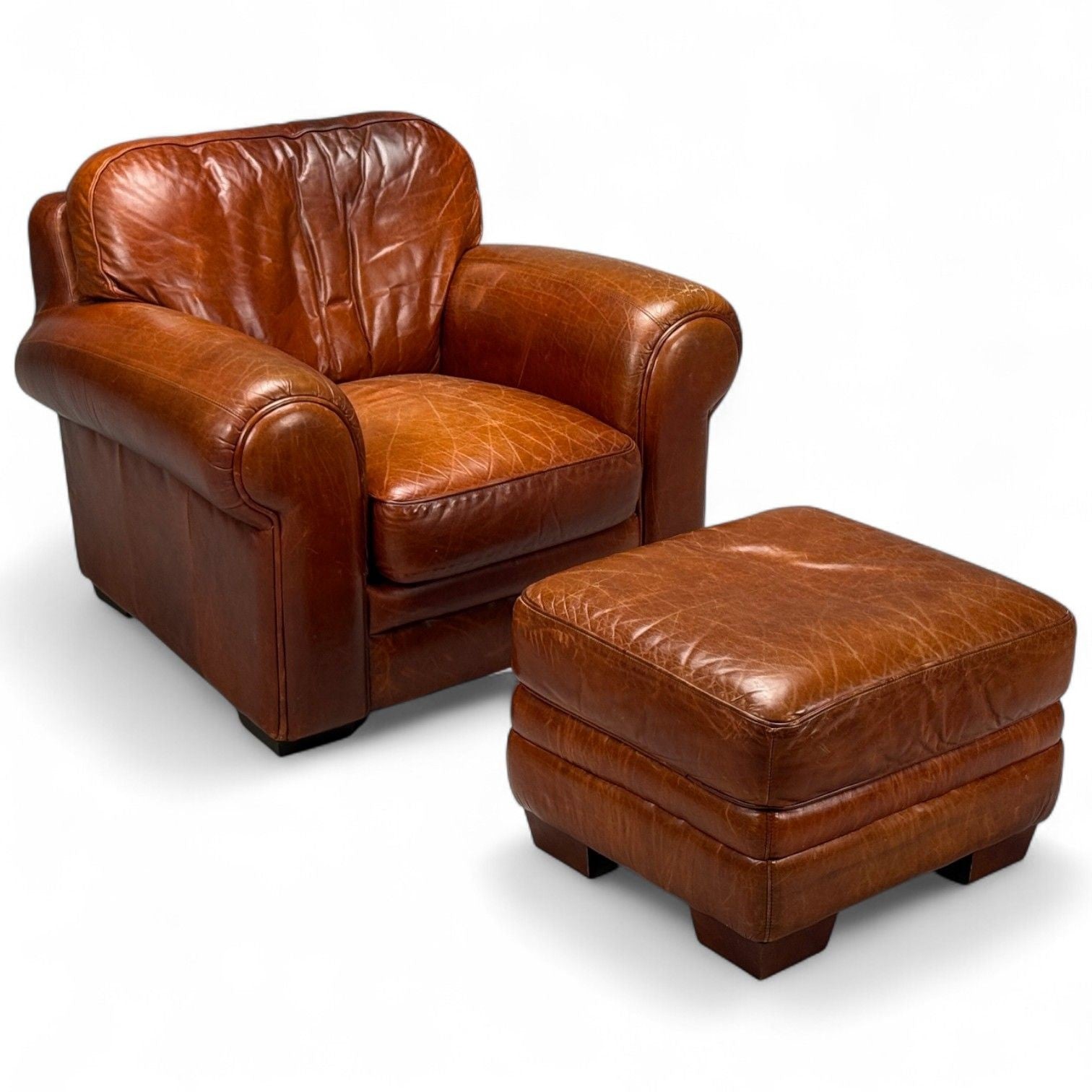 American Modern, Distressed Leather, Club Chair and Ottoman, USA, 1990s