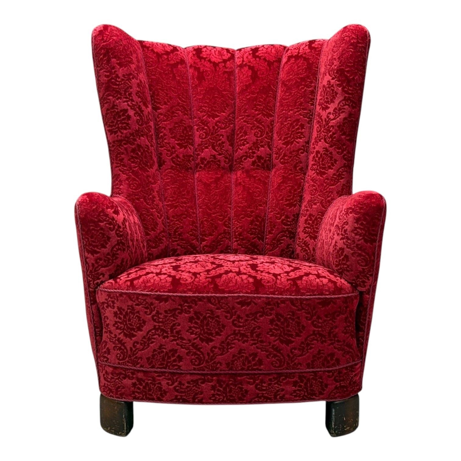 Danish Cabinetmaker, Red Damask, Wood, Lounge Chair, Denmark, 1950s