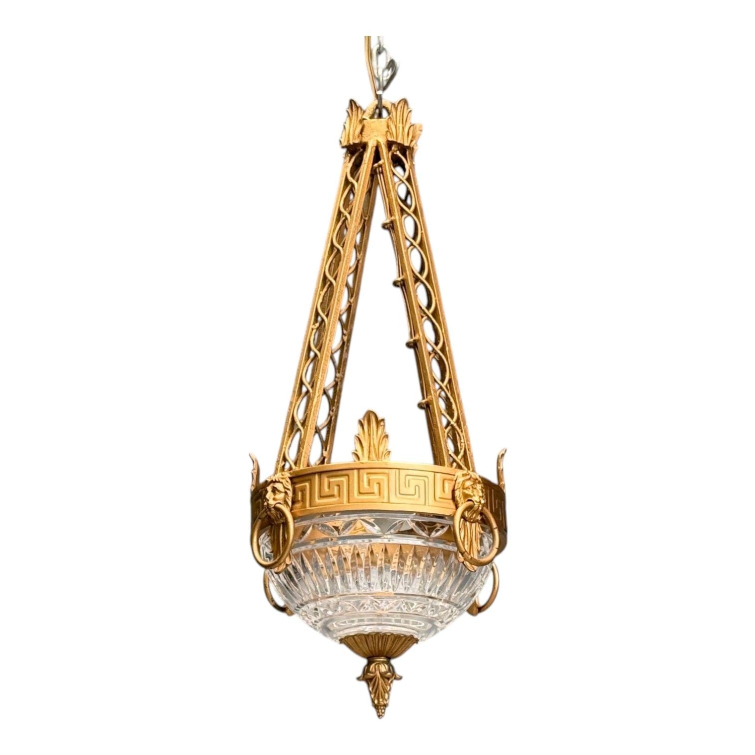 Maitland Smith, Gilt Metal, Glass, Greek Key Motif, Pendant Light, 21st C.