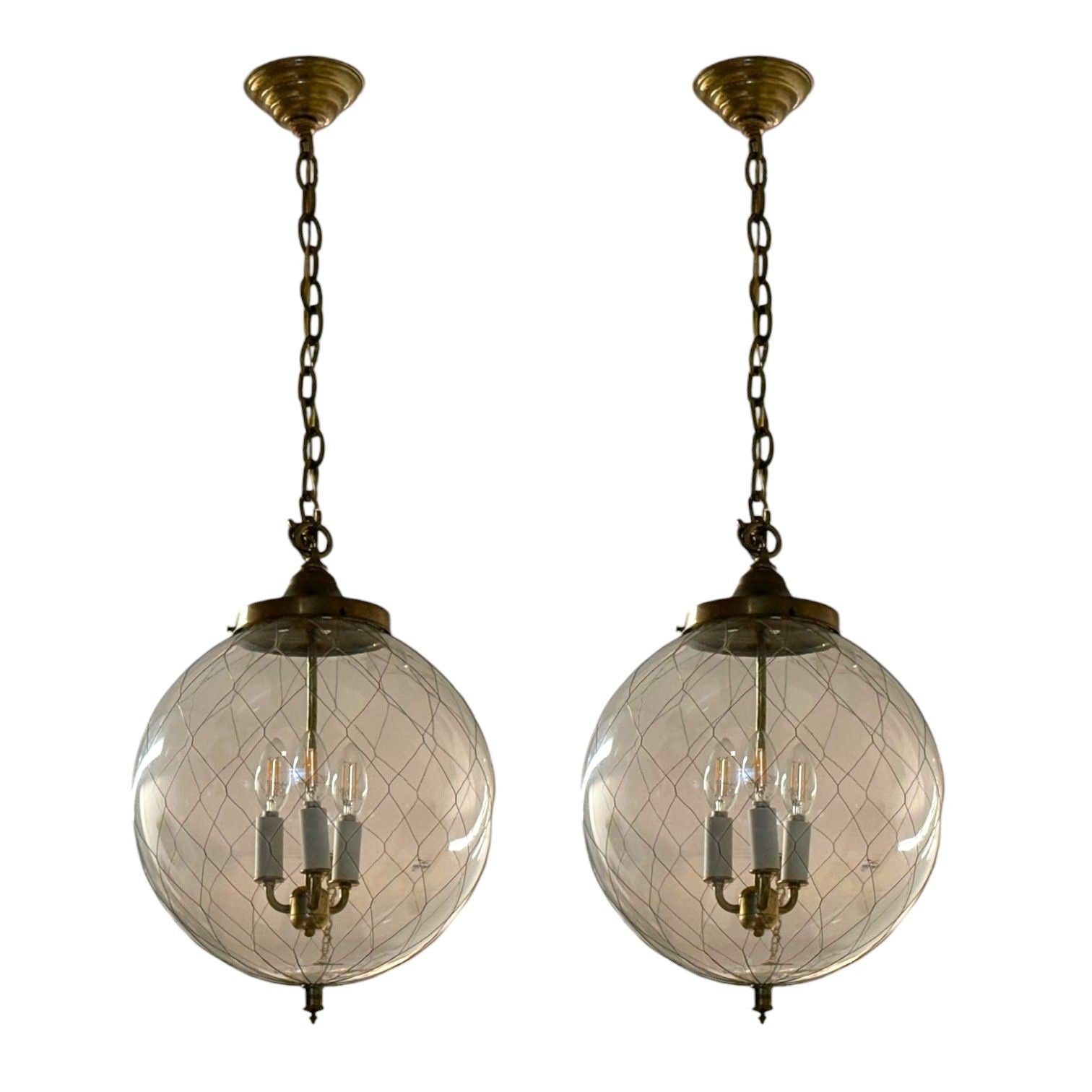French Mid Century Modern, Brass, Blown Glass, Globe Pendant Lights,1950s