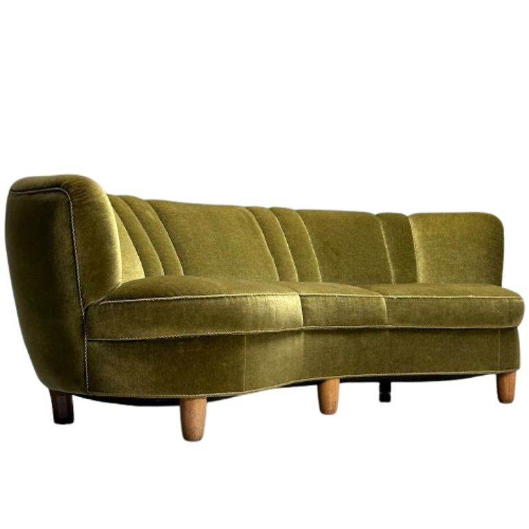 Danish Cabinetmaker, Mid-Century Modern Curved Banana Sofa, Beech, Green Velvet