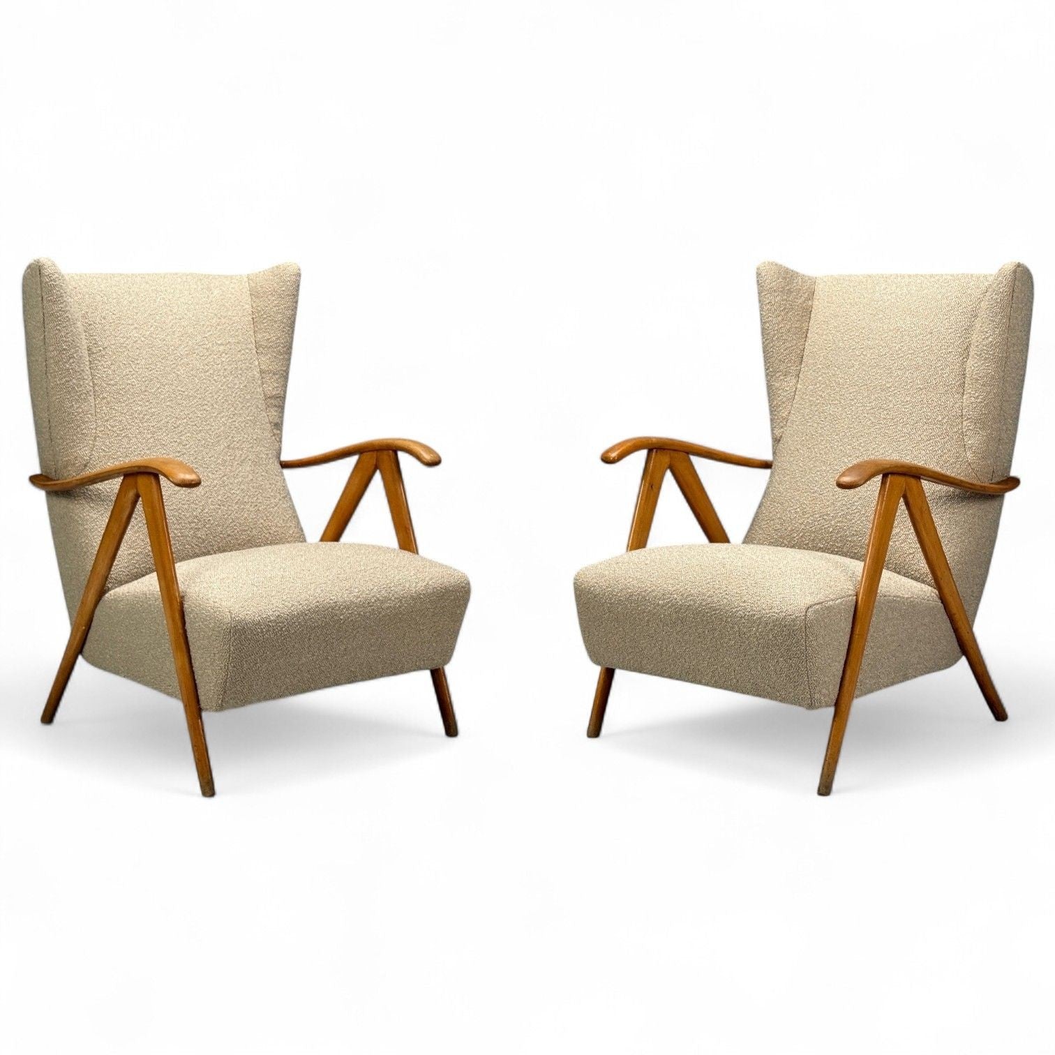 Italian Modern, Beige Boucle, Wood, Sculptural Lounge Chairs, Italy, 1960s