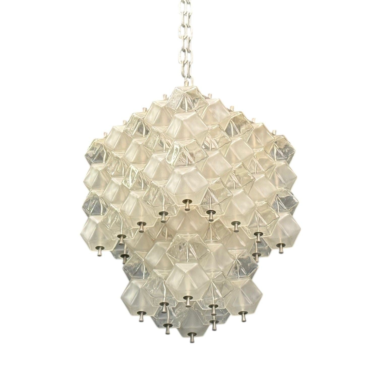 Venini Poliedri, Faceted Glass, Metal, Geometric Chandelier, Italy, 1950s