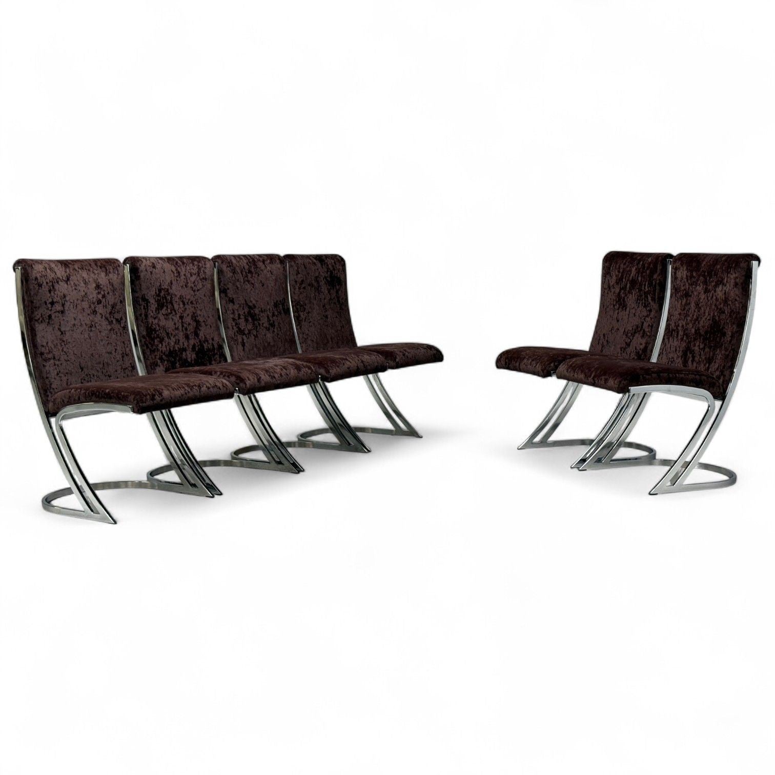 Pierre Cardin, Chromed Metal, Velvet, Six Dining Chairs, USA, 1970s