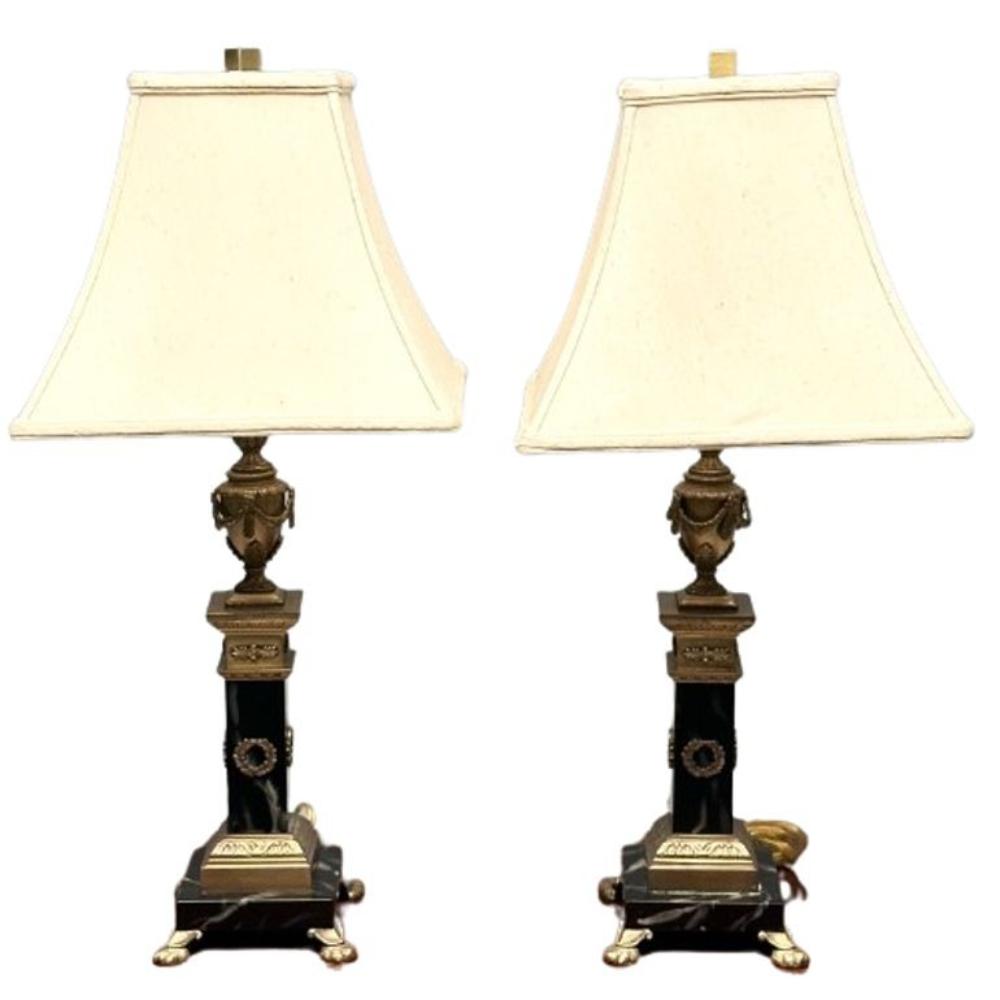 Pair of Hollywood Regency Bronze and Marble Table Lamps, Corinthian Column Form