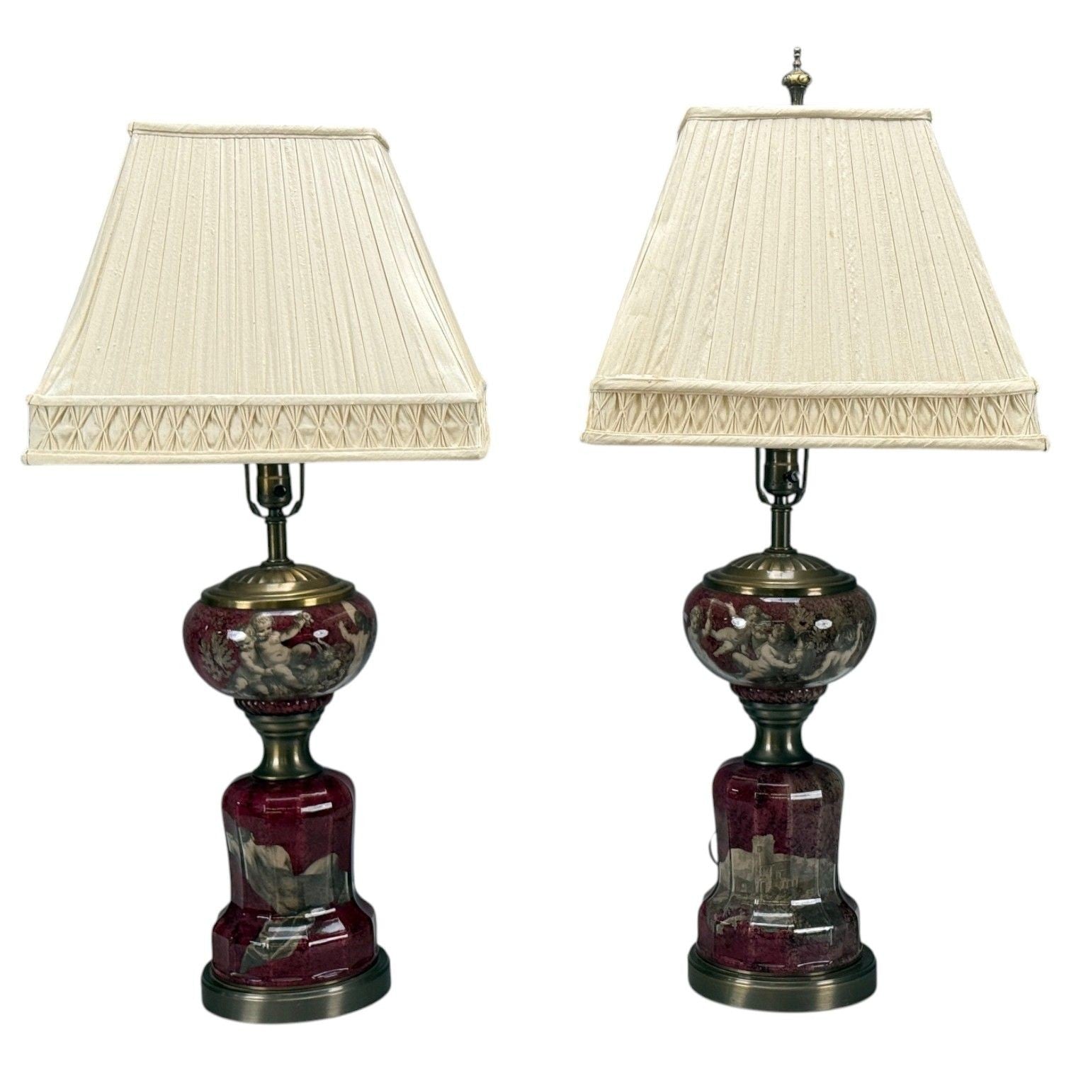 Neoclassical, Cranberry Glass, Decoupage Cherub Table Lamps, USA, 1930s