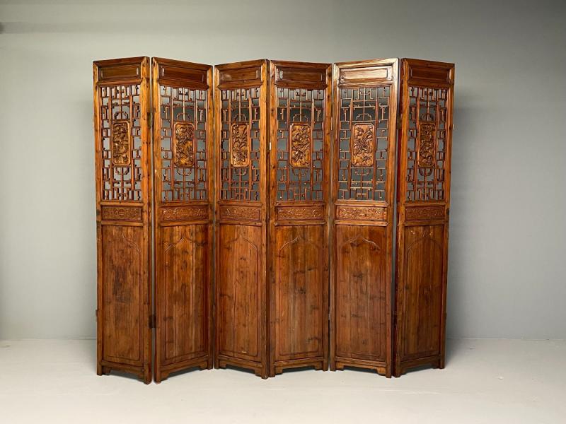 Asian 19th Century Folding Screen / Room Divider, Rosewood, Teak, Six Panel