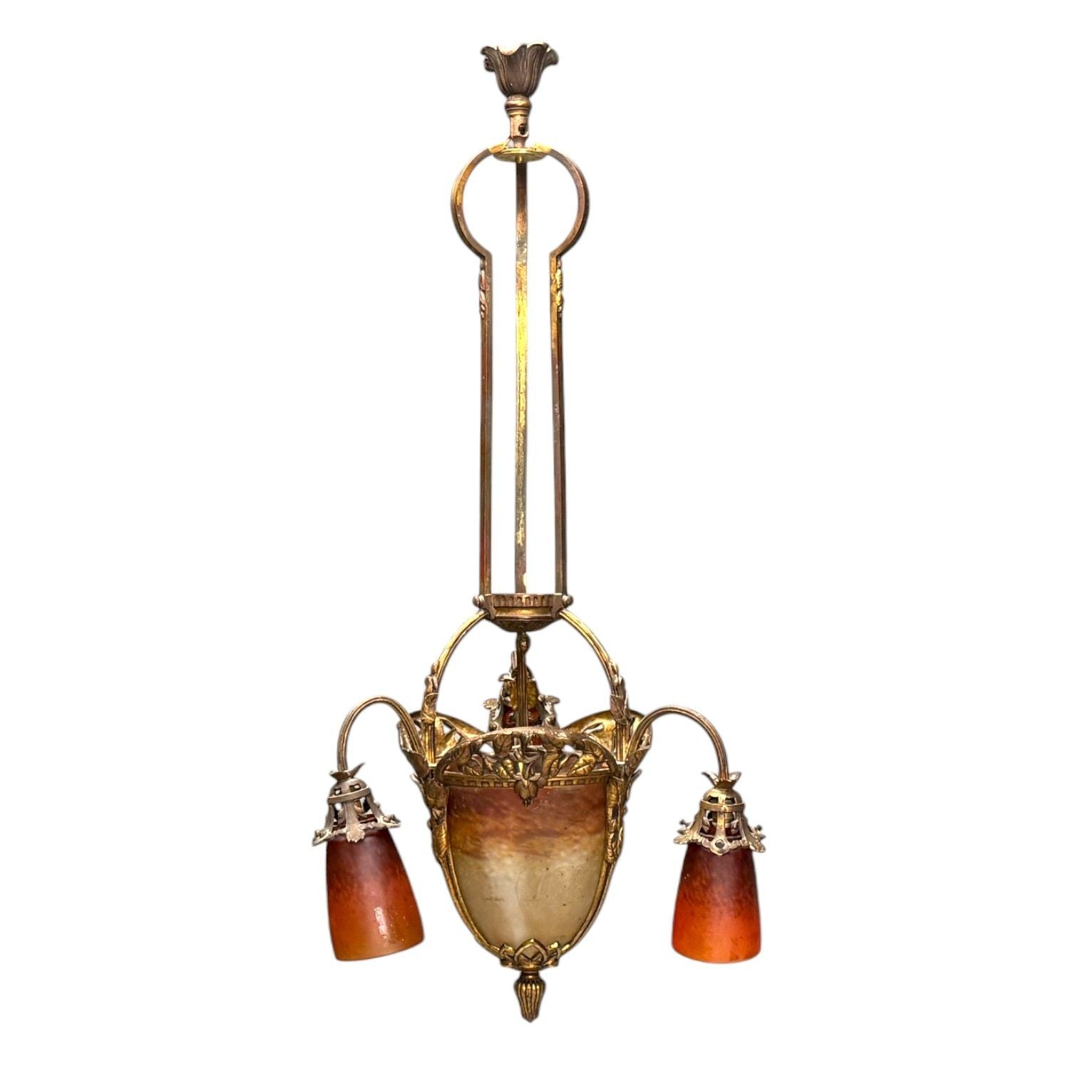 Muller Frères, French Art Deco, Bronze, Glass, Chandelier, France, 1920s