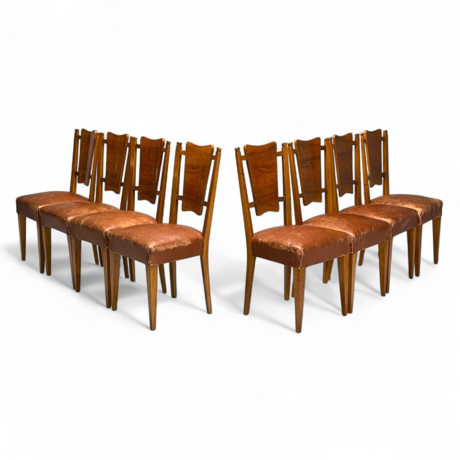 Italian Modern, Walnut, Leatherette, Eight Dining Chairs, Italy, 1950s