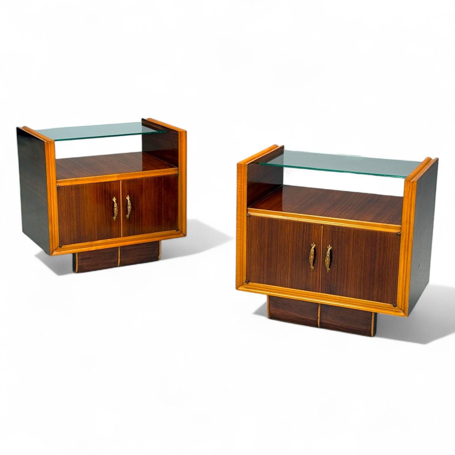 Italian Modern, Wood, Brass, Glass, Nightstands, Italy, 1950s