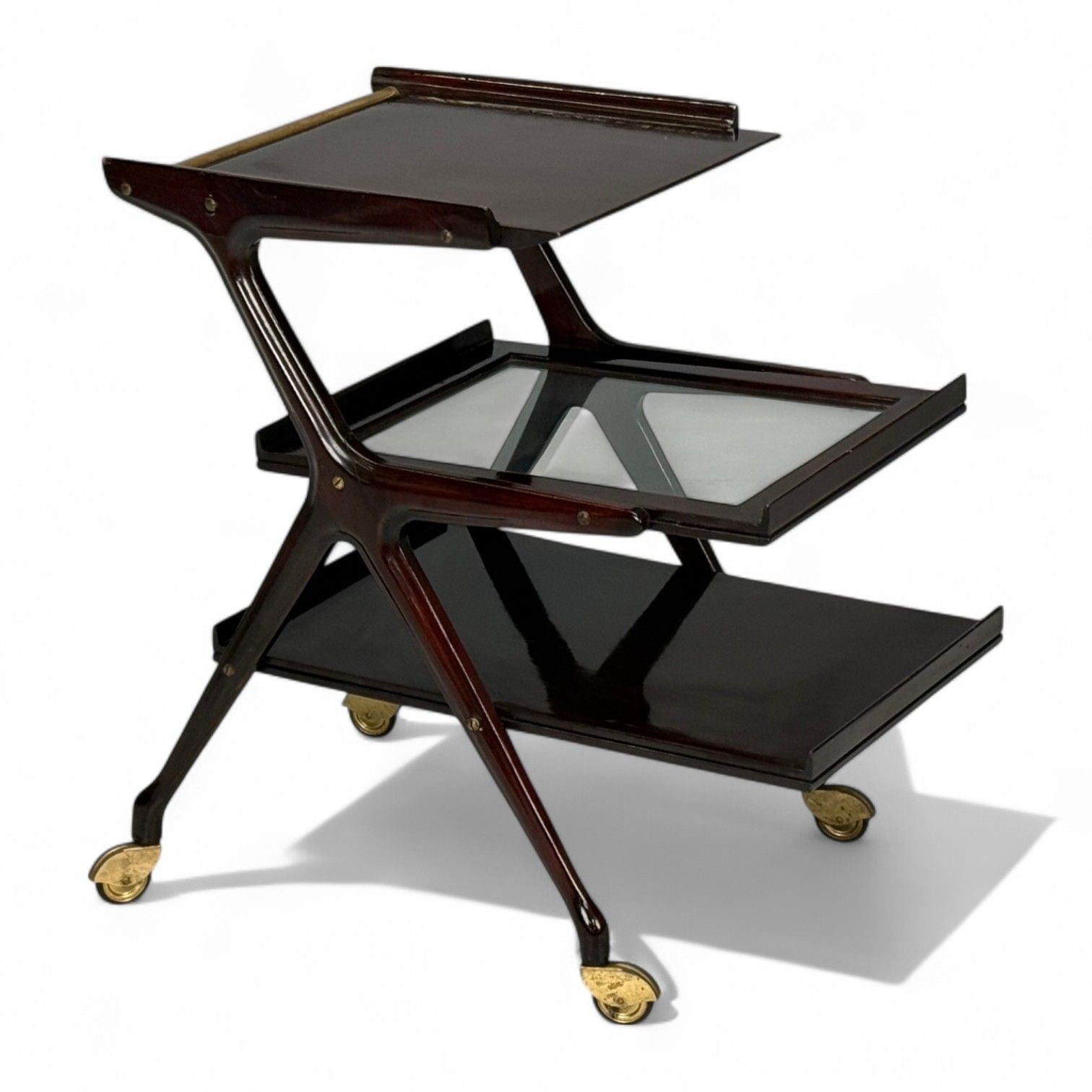 Ico Parisi Style, Italian Modern, Wood, Brass, Glass, Bar Cart, Italy, 1950s