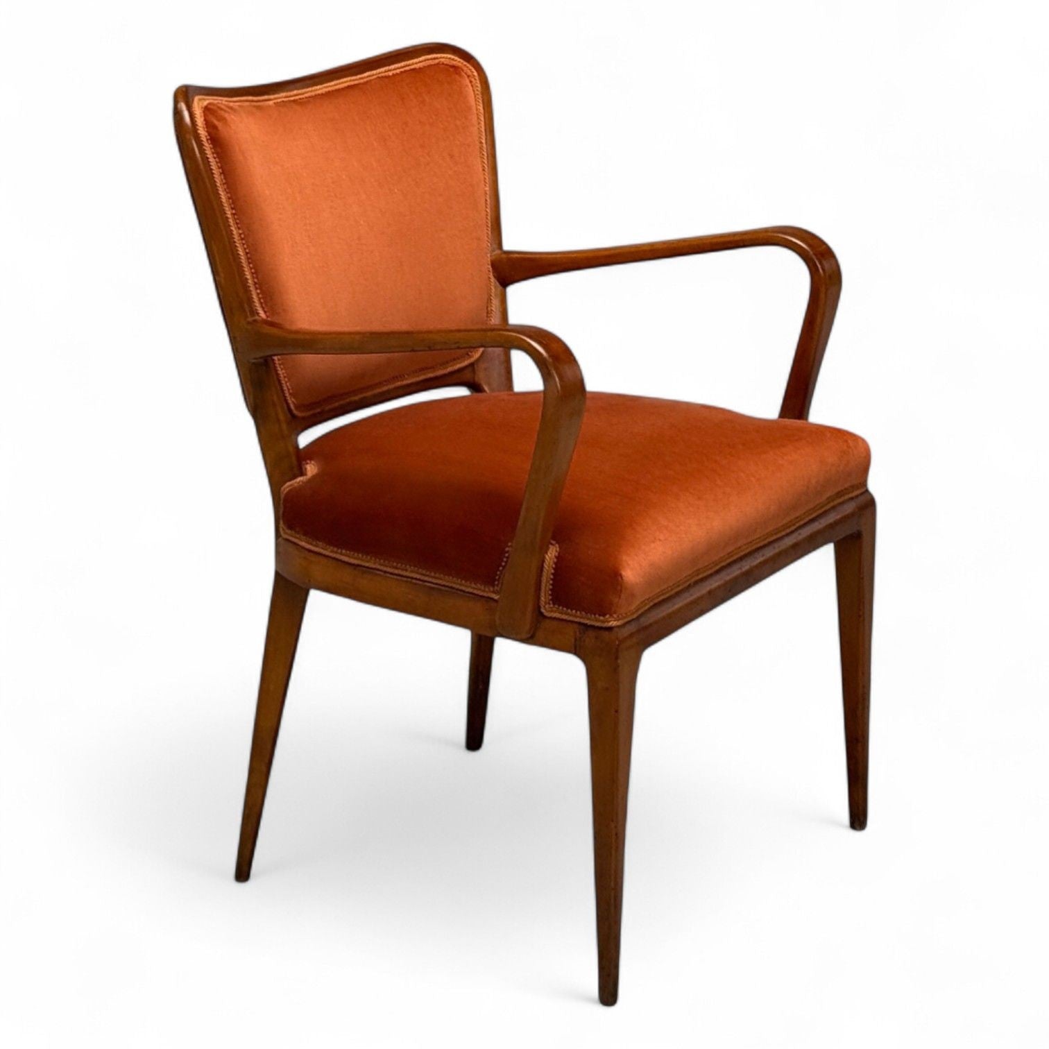 Osvaldo Borsani, Italian Modern, Cherrywood, Velvet, Armchair, Italy, 1950s