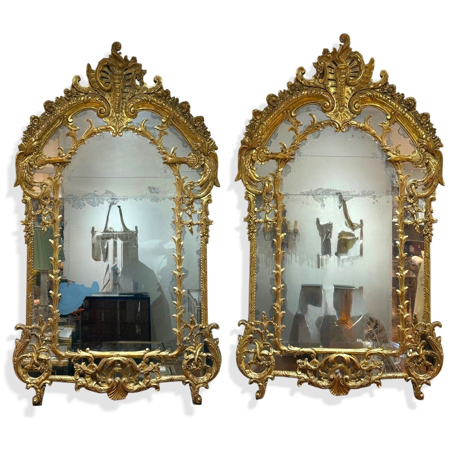 George III Style, Giltwood, Silvered Mirror, Monumental Wall Mirrors, England, 1950s