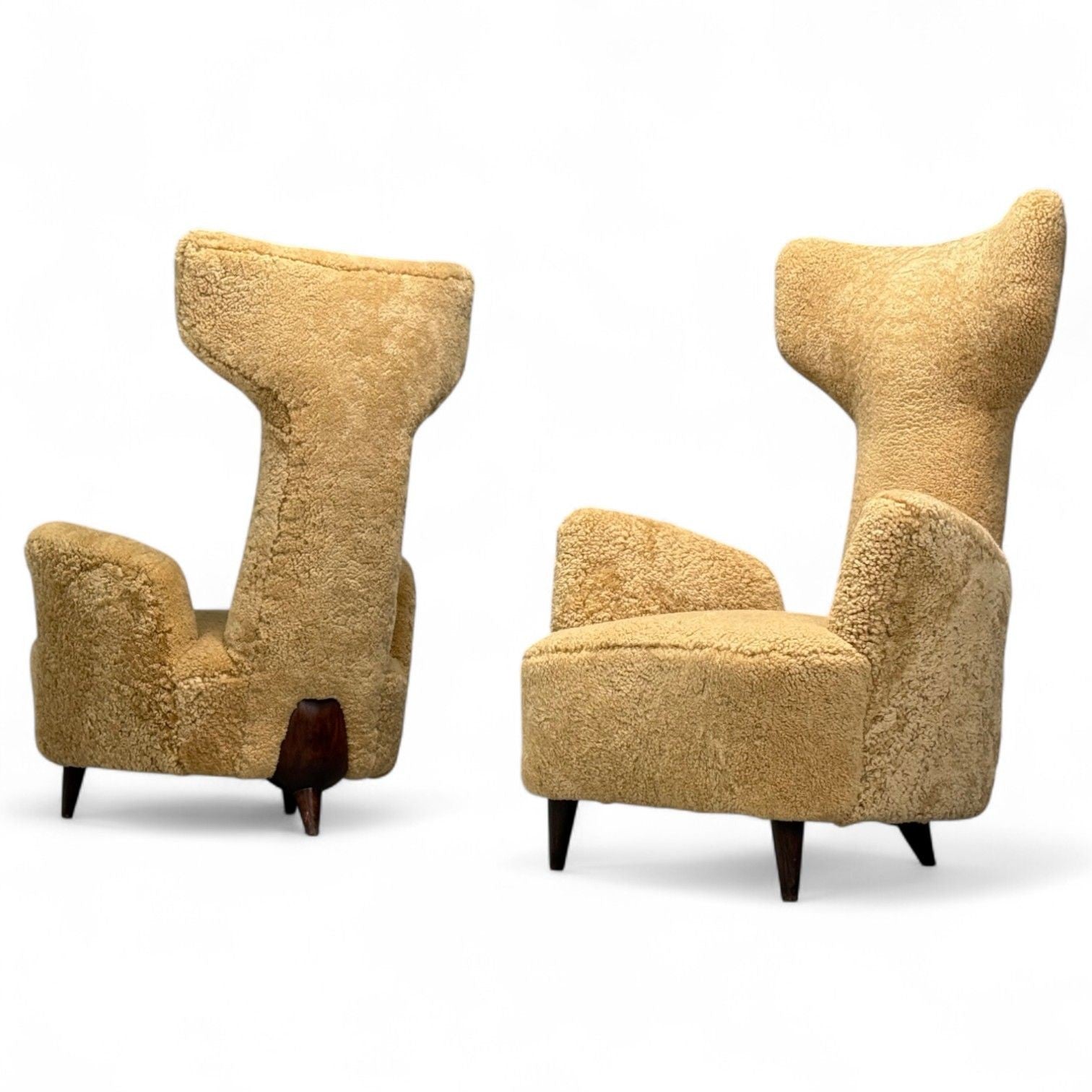 Renzo Zavanella, Honey Sheepskin, Wood, Rare Lounge Chairs, Italy, 1950s