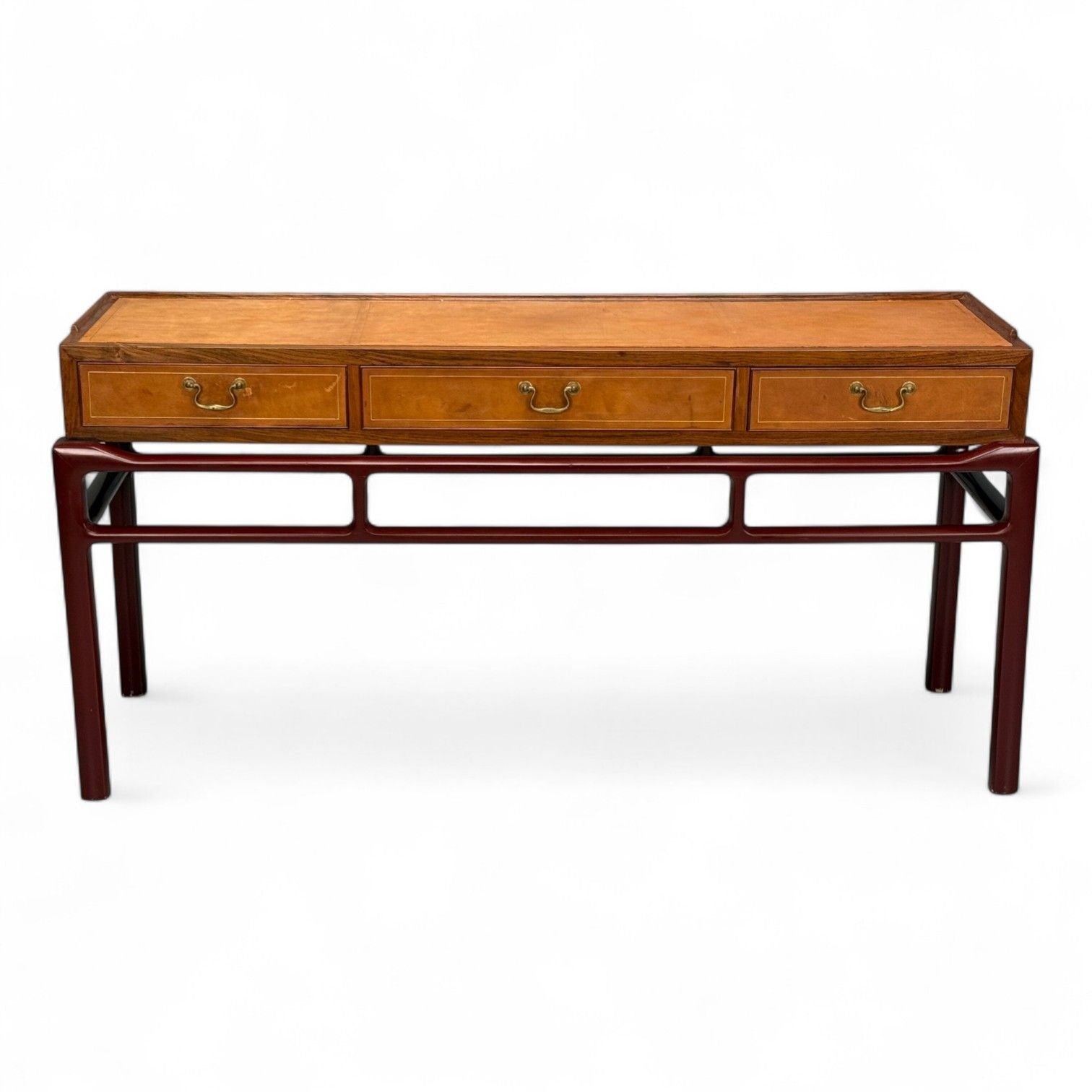 Frits Henningsen attr., Rosewood, Leather, Brass, Console Table, Denmark, 1950s