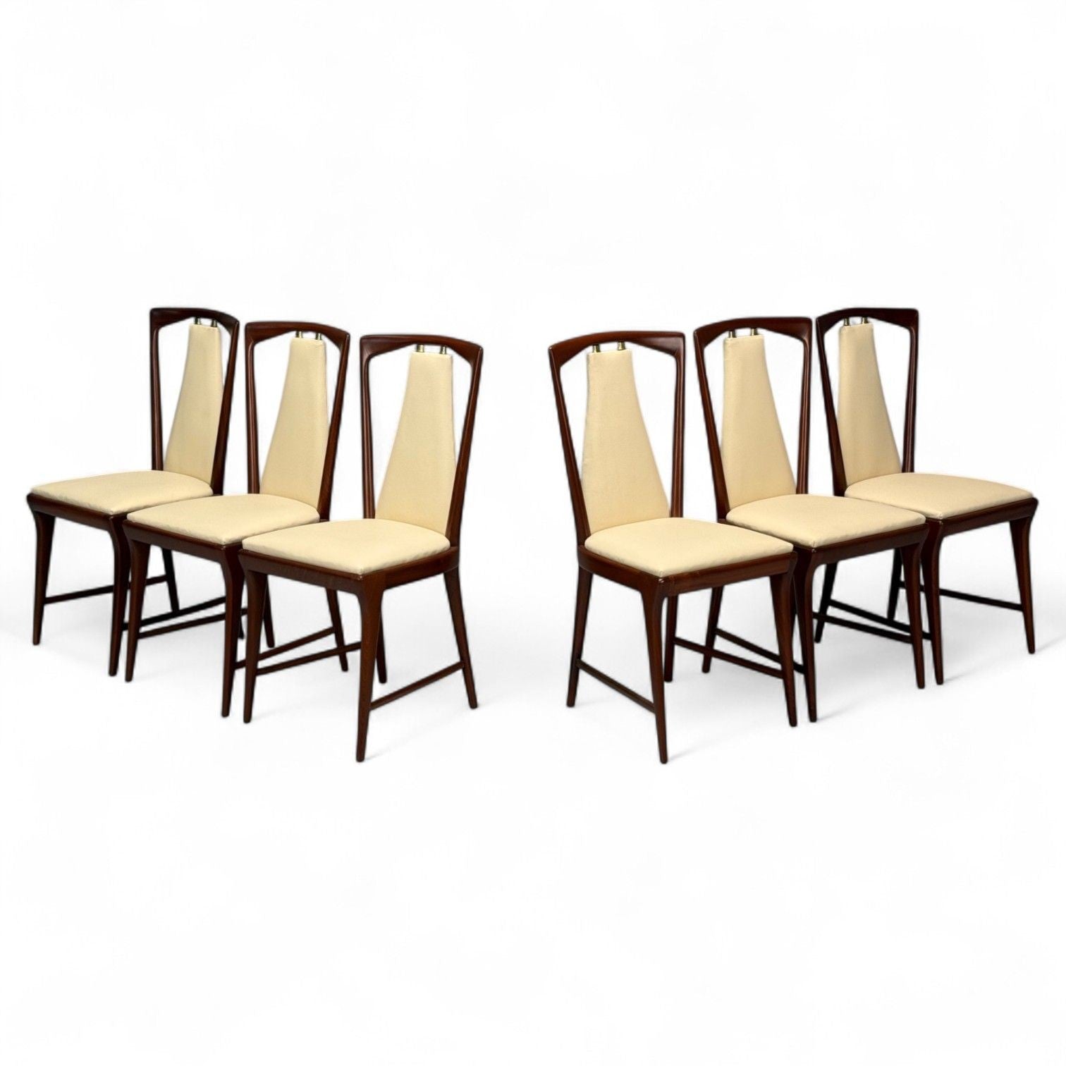 Osvaldo Borsani attr., Mahogany, Brass, Leather, Dining Chairs, Italy, 1950s