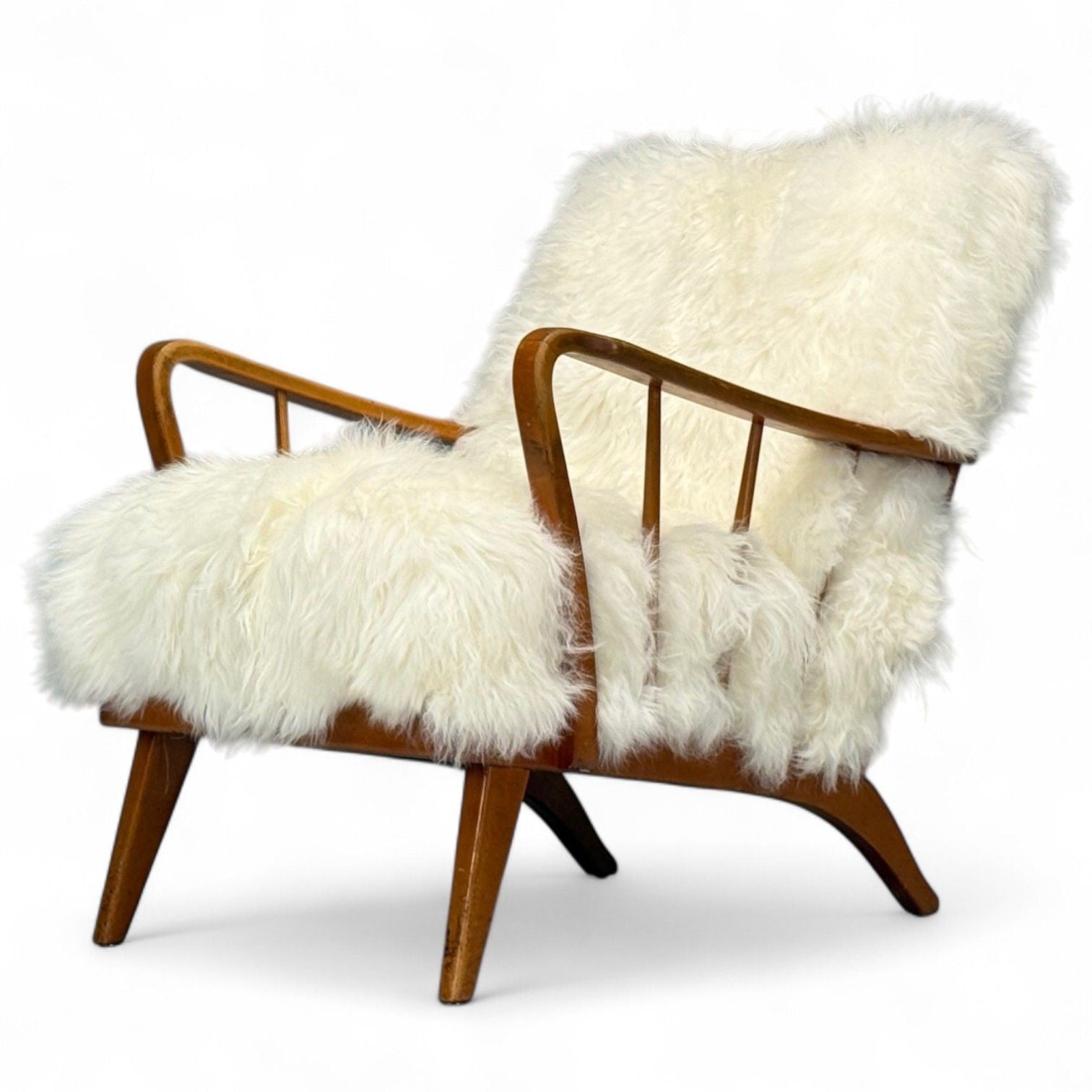 Danish Modern, Beech, Mongolian Fur, Lounge Chair, Denmark, 1950s