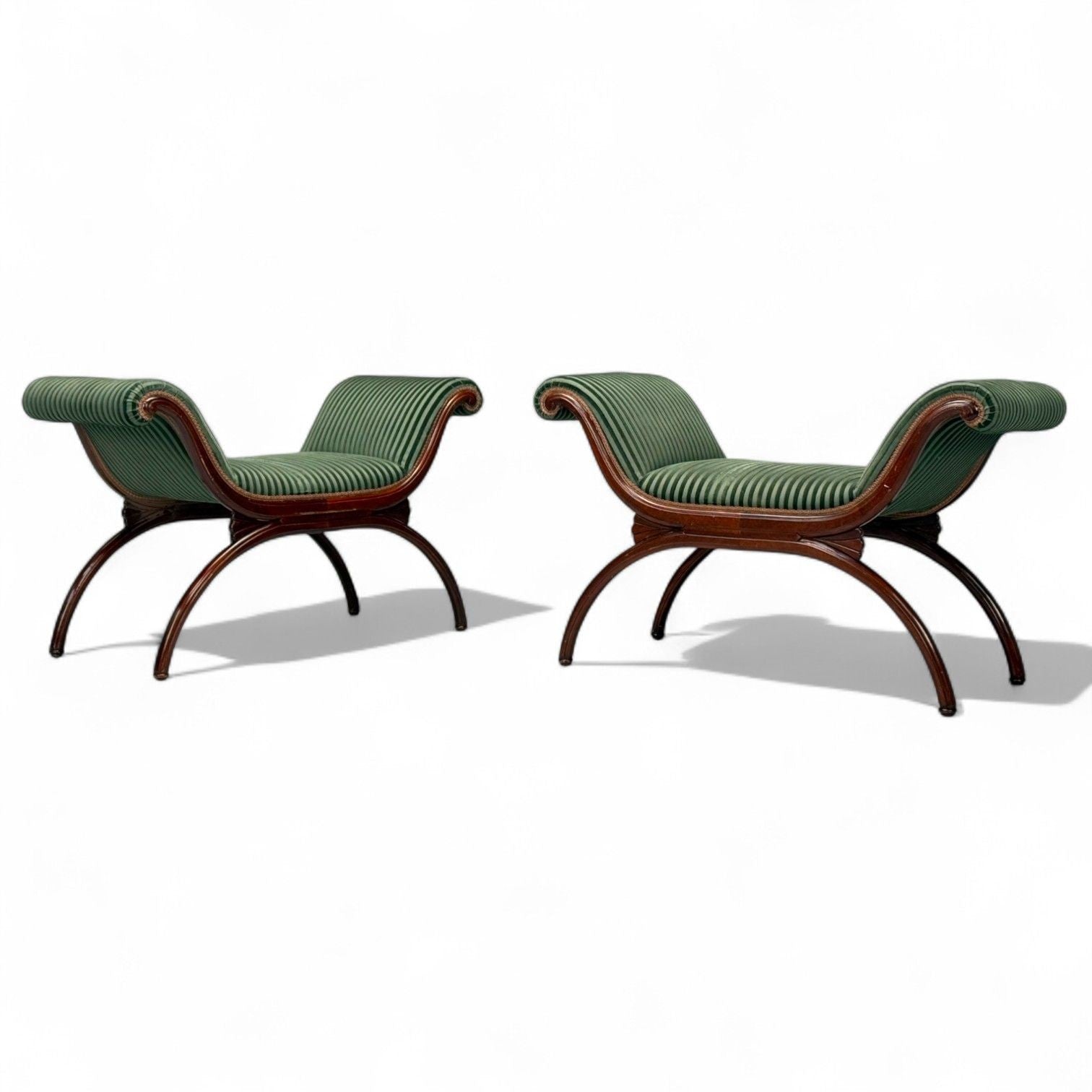 Hollywood Regency Style, Stained Wood, Green Fabric, Benches, USA, 1980s