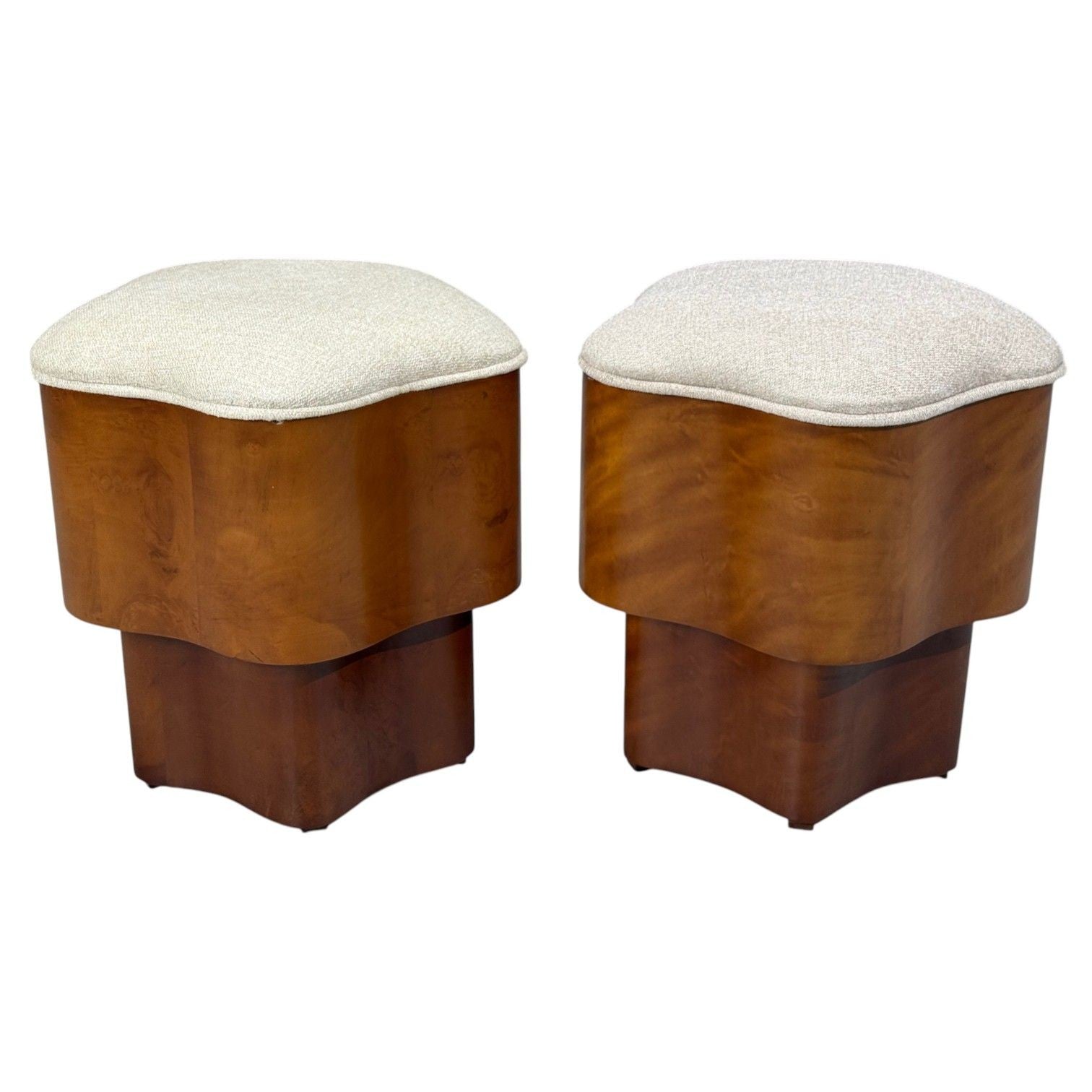 Art Deco Style, Star Motif Footstools, Burlwood, Beige Linen, 21st c.