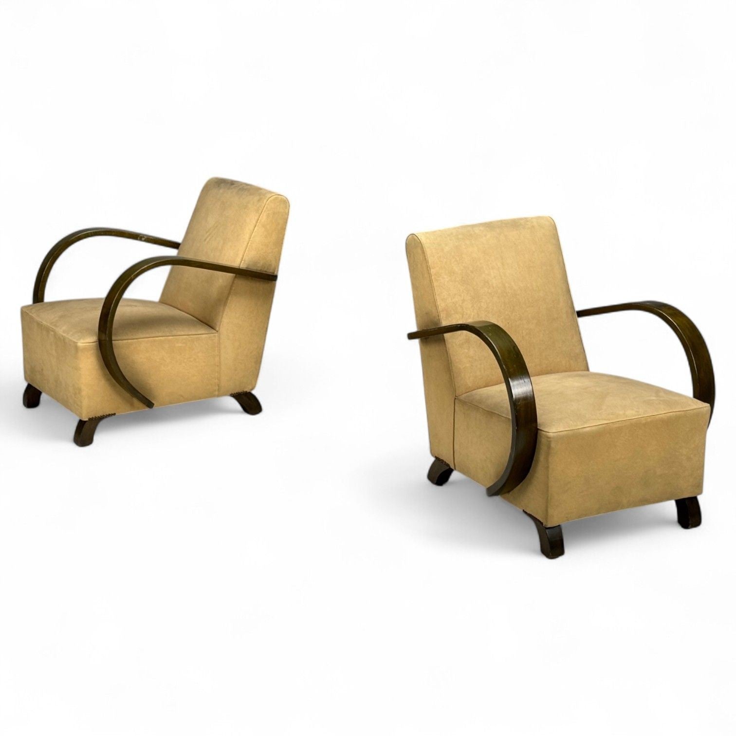 Vittorio Valabrega, Beige Velvet, Bentwood, Lounge Chairs, Italy, 1940s