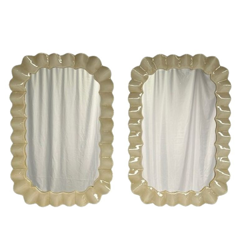 Modern Ruffle Wall Mirrors, White Murano Glass, Brass, Italy, 21st c.