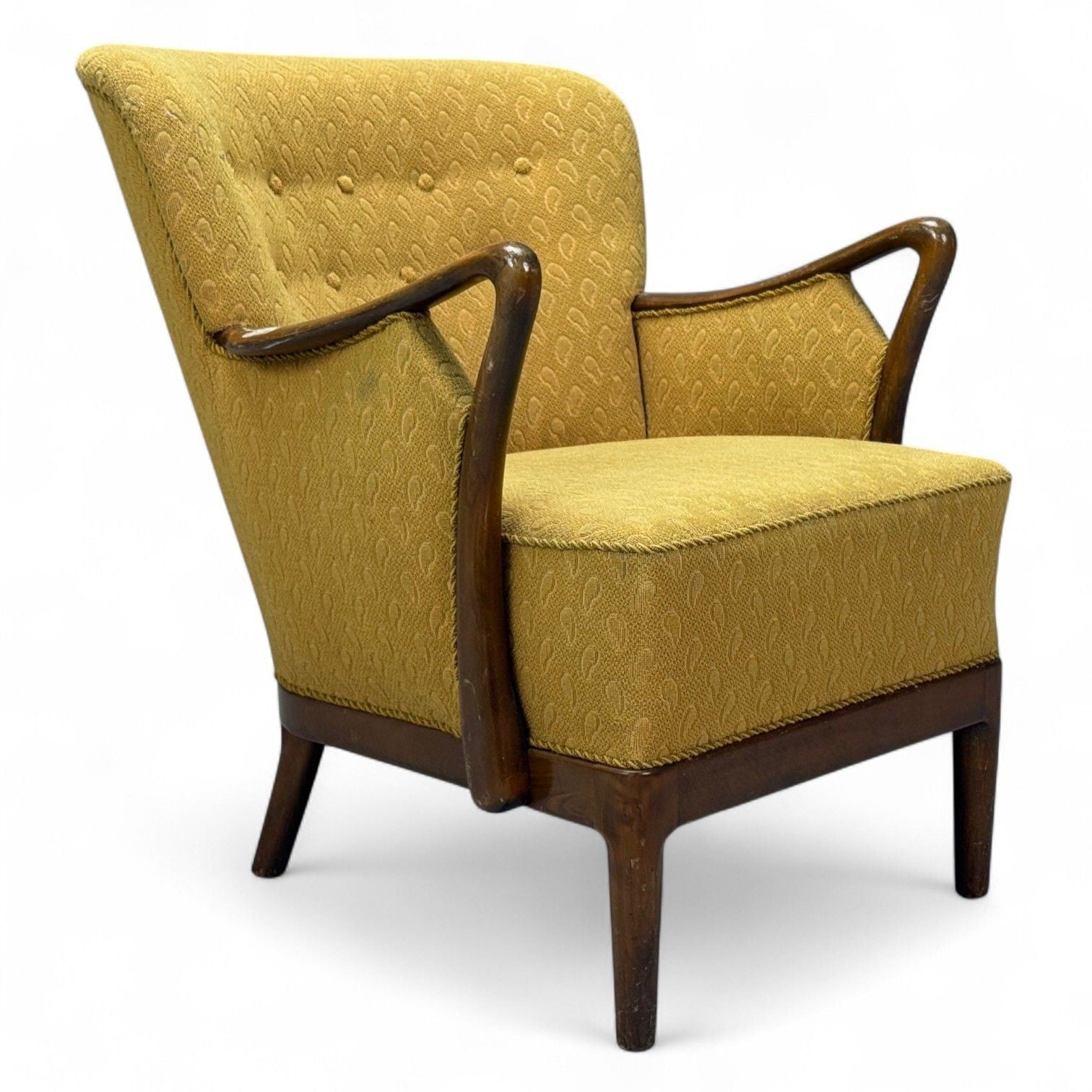 Slagelse Mobelvaerk, Fabric, Wood, Sculptural Arm Chair, Denmark, 1960s