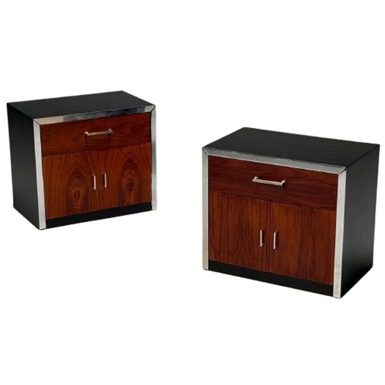 Milo Baughman Style, Mid-Century Modern, Nightstands, Rosewood, Chrome, 1970s