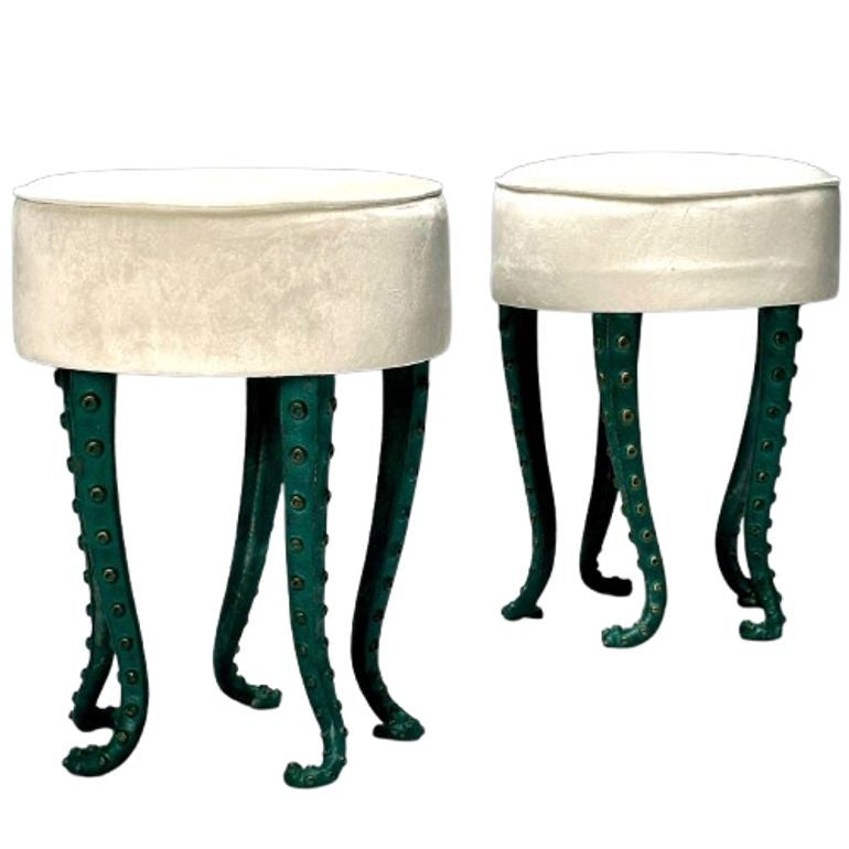 Modern, Octopus Footstools, Green Patinated Bronze, Grey Velvet