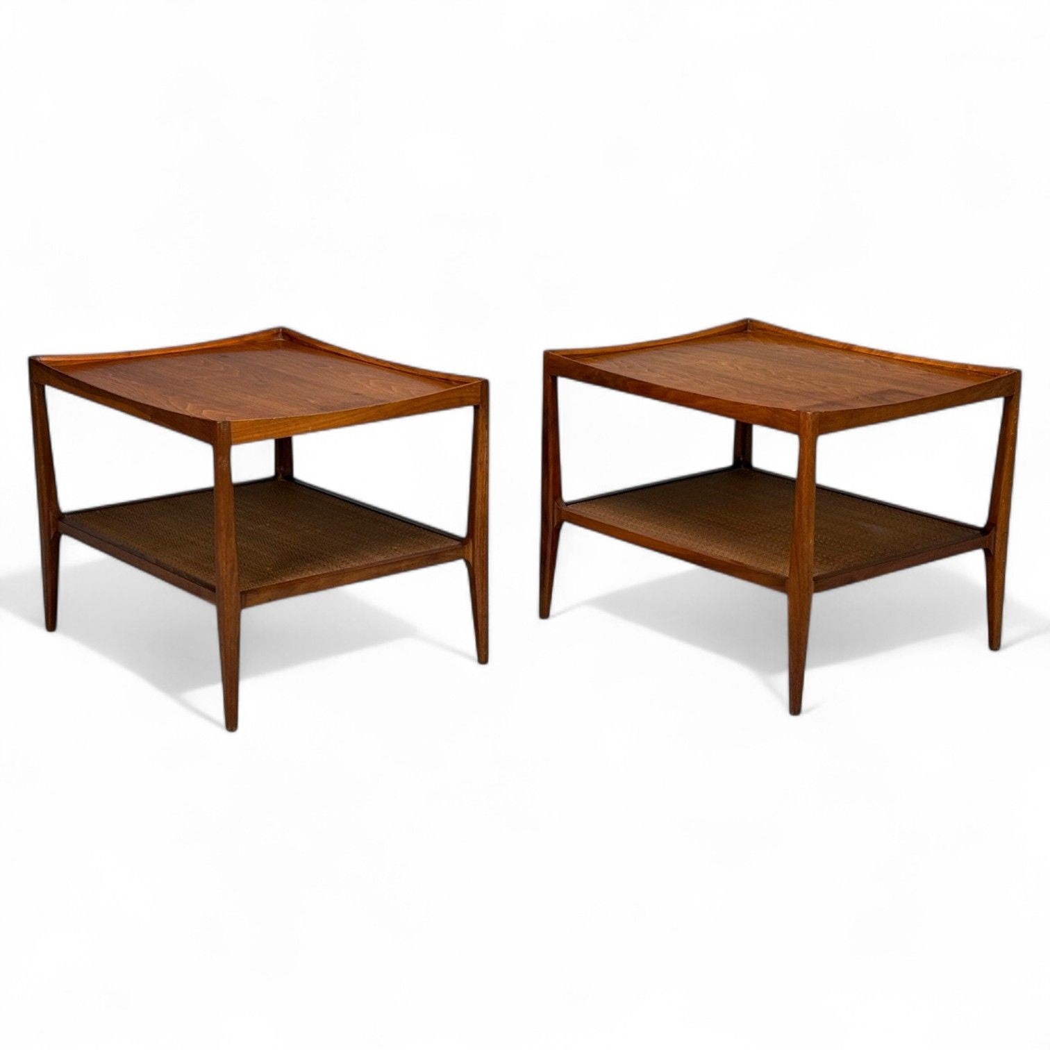 Heritage, American Modern, Walnut, Cane, End Tables, USA, 1960s