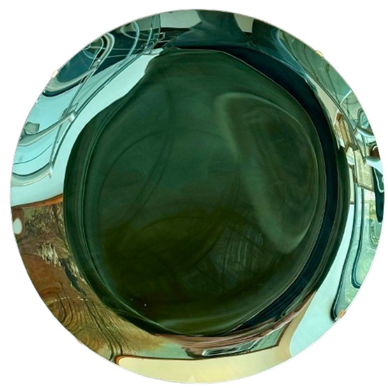 Contemporary, Modern Space Age Wall Mirror, Concave Glass, Vintage Green, Brass