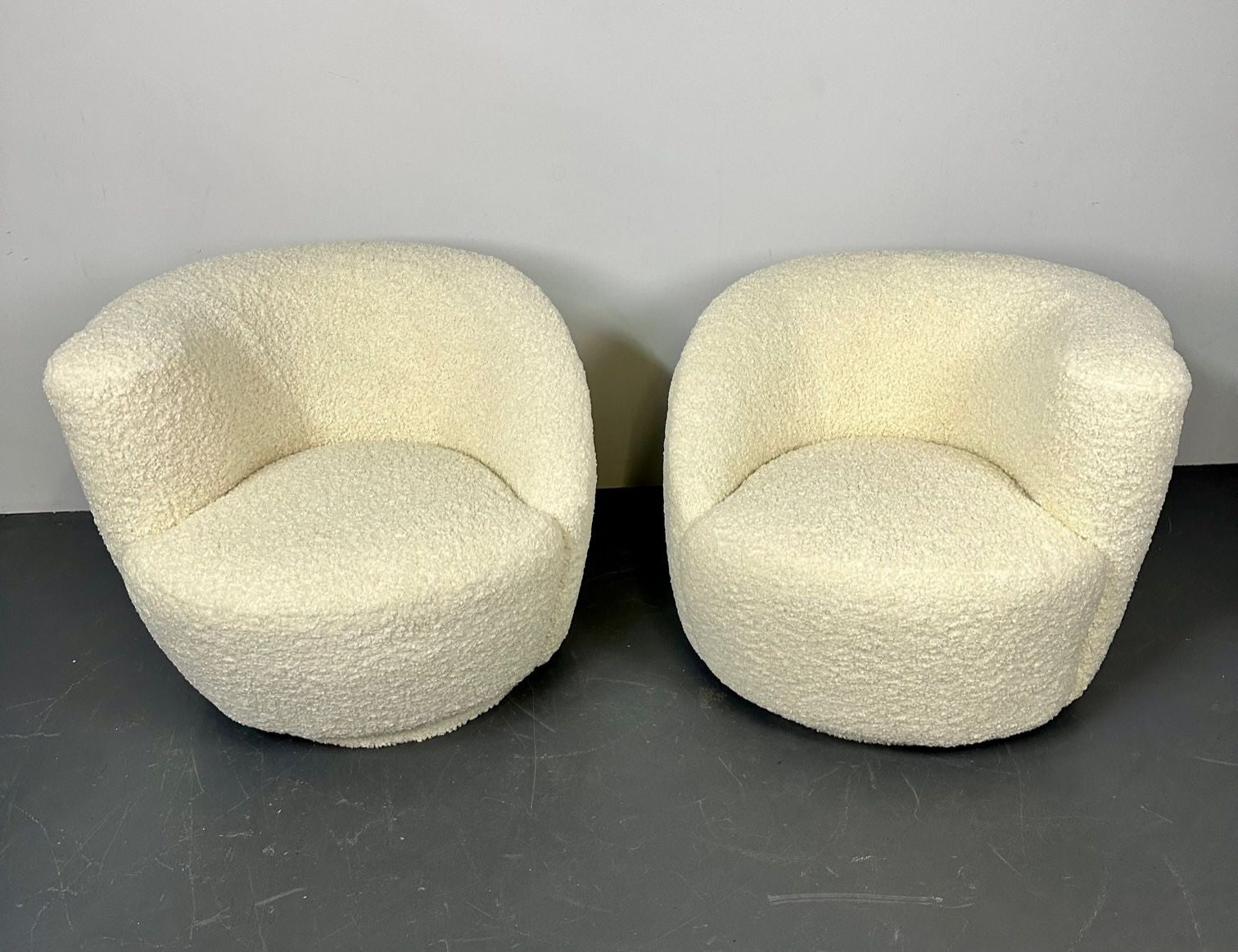 Mid-Century Modern Nautilus Style Swivel Chairs, Kidney-Shape, White Boucle