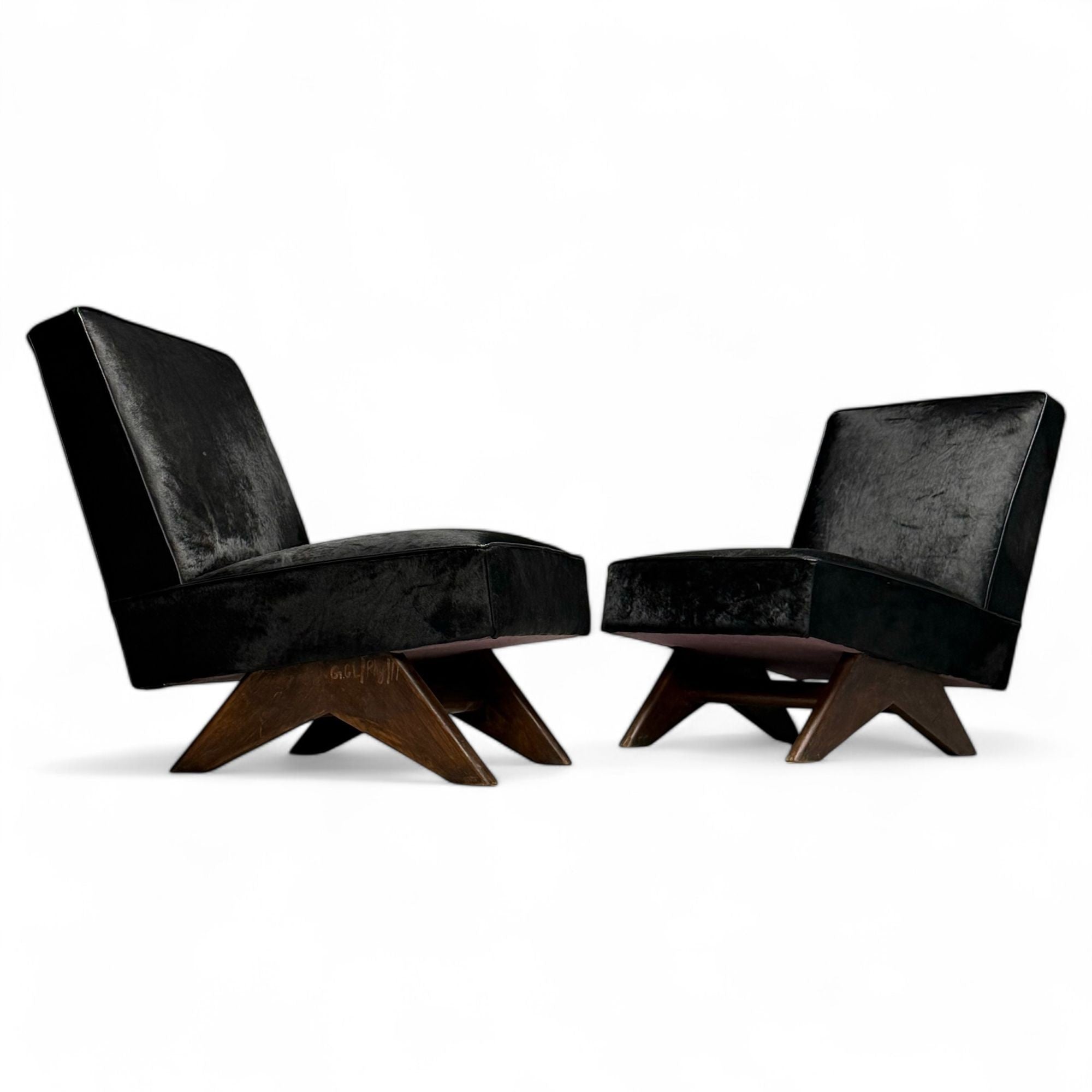 Pierre Jeanneret, French Mid-Century Modern, Slipper Chairs, Black Cowhide, Teak
