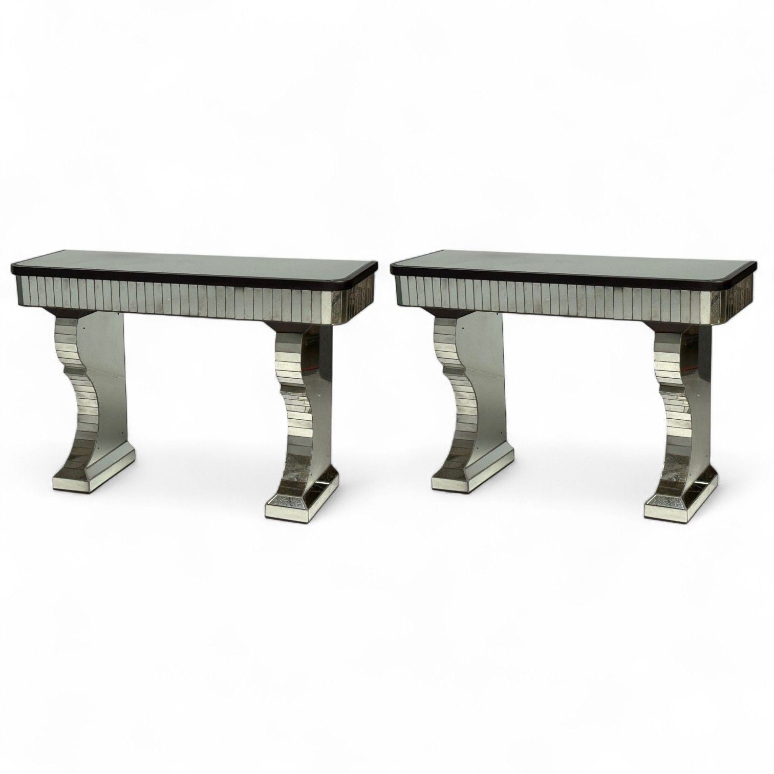 Serge Roche Style, Distressed Glass, Painted Wood, Mirrored Console Tables