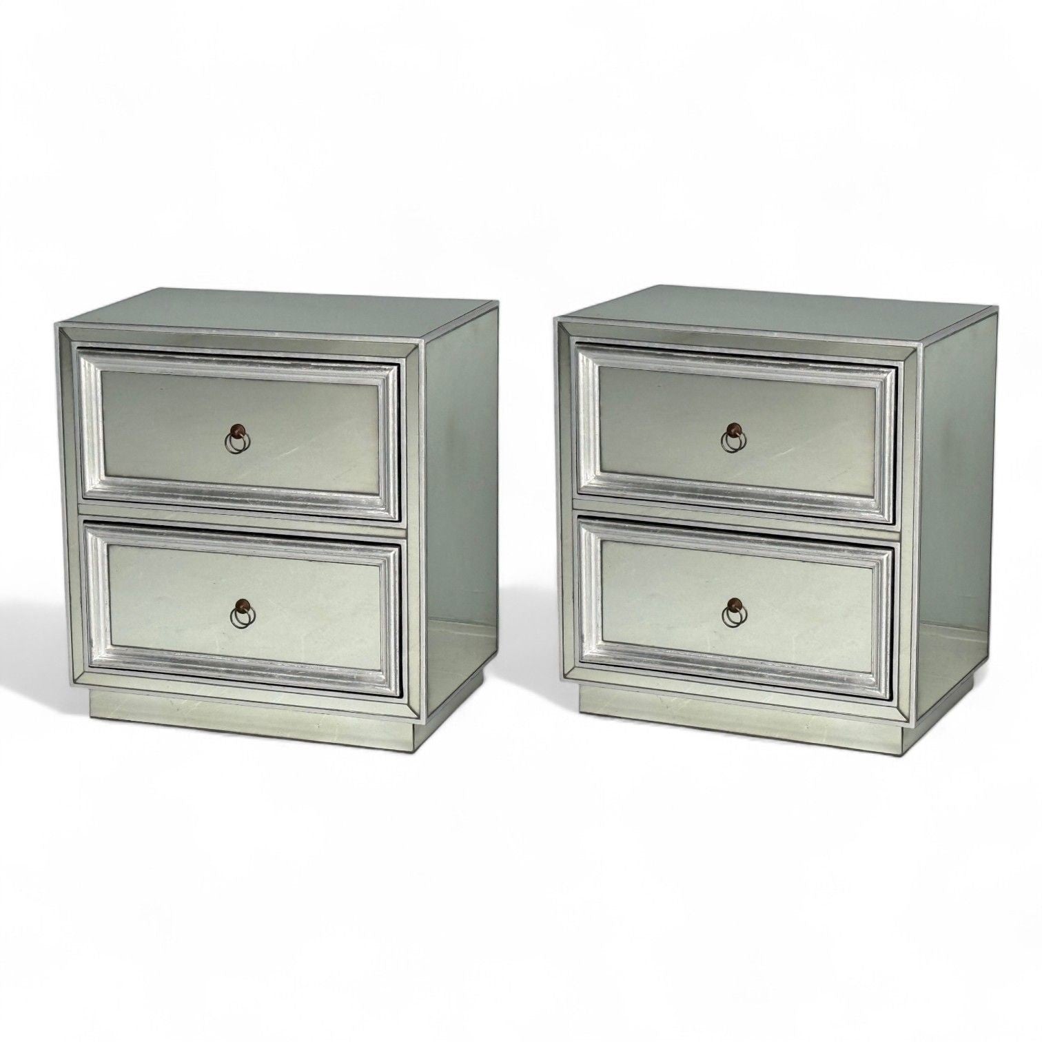 Hollywood Regency Style, Silver Leaf, Distressed Glass, Mirrored Nightstands