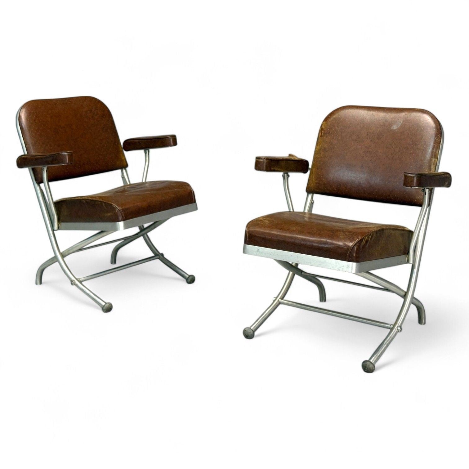 Warren McArthur, Brown Leather, Aluminum, Folding Chairs, USA c. 1935