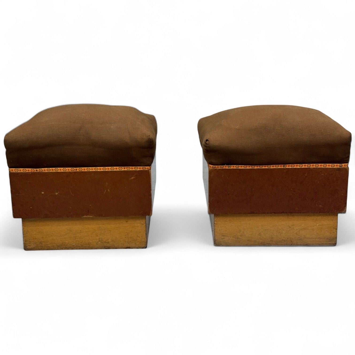 Italian Art Deco, Stained Wood, Brown Fabric, Ottomans or Poufs, Italy, 1930s