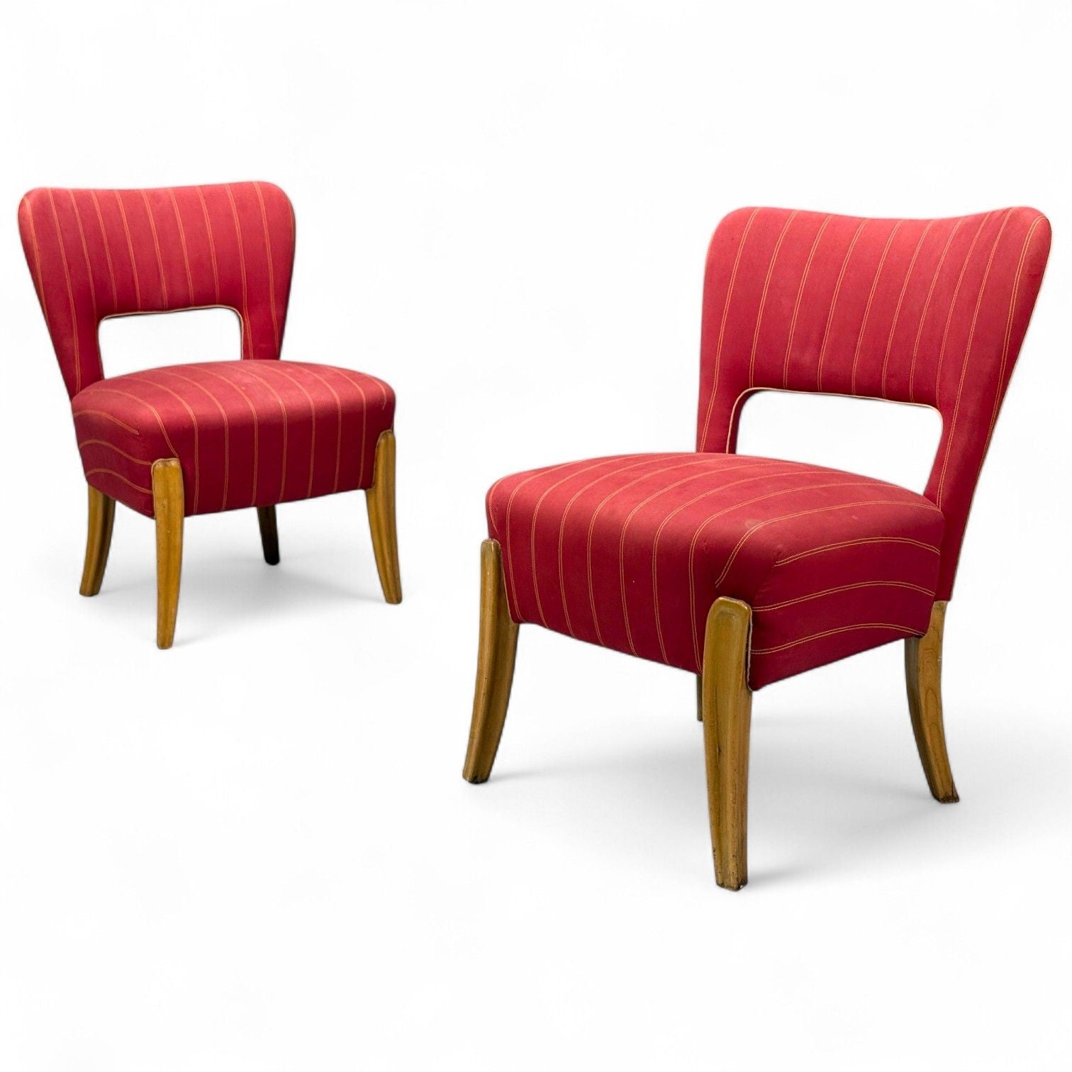 Pier Luigi Colli, Maple, Red Fabric, Low Lounge Chairs, Italy, 1950s