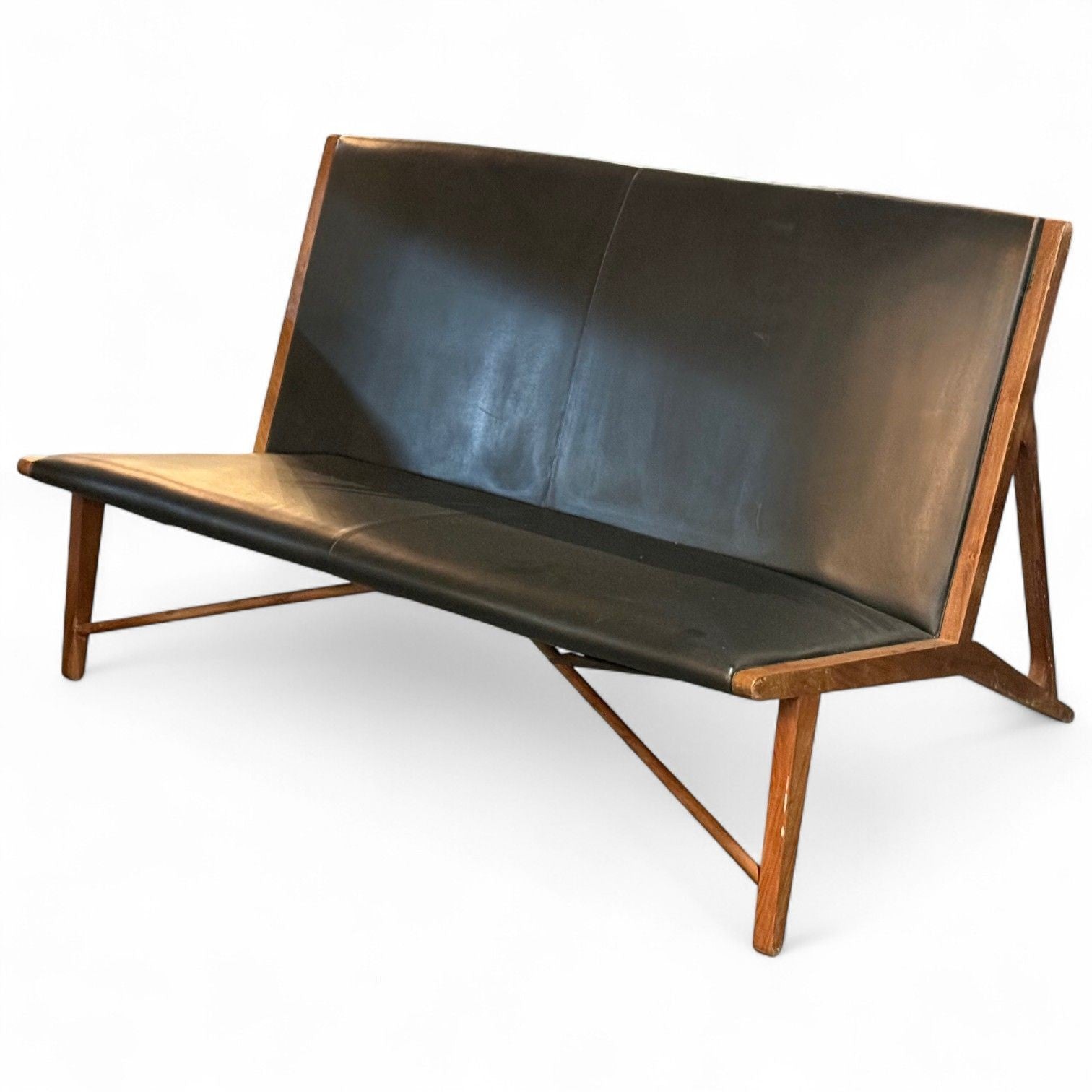 Hans J. Wegner Style, Teak, Leatherette, Settee, Denmark, 1950s