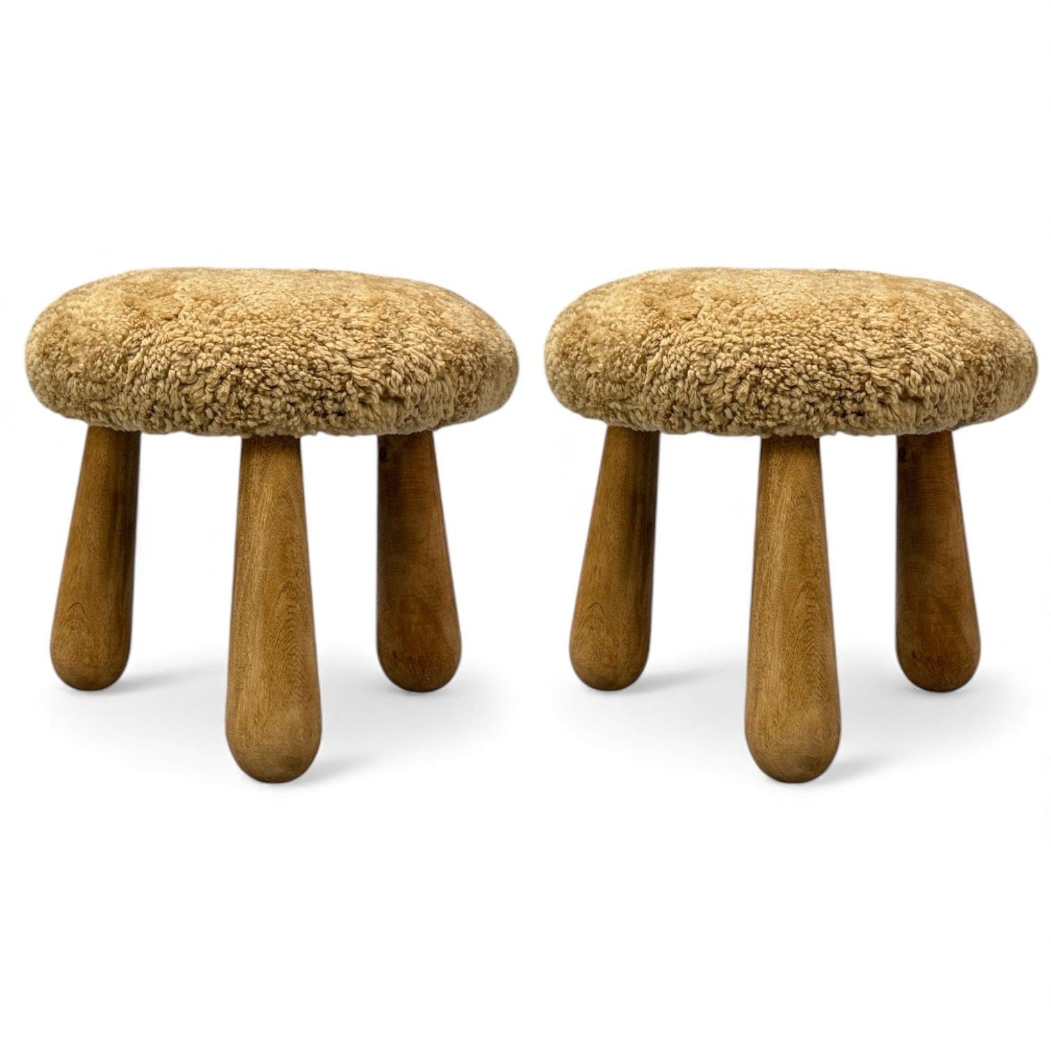 Danish Modern Style, Honey Sheepskin, Maple, Shearling Footstools, USA, 21st c.